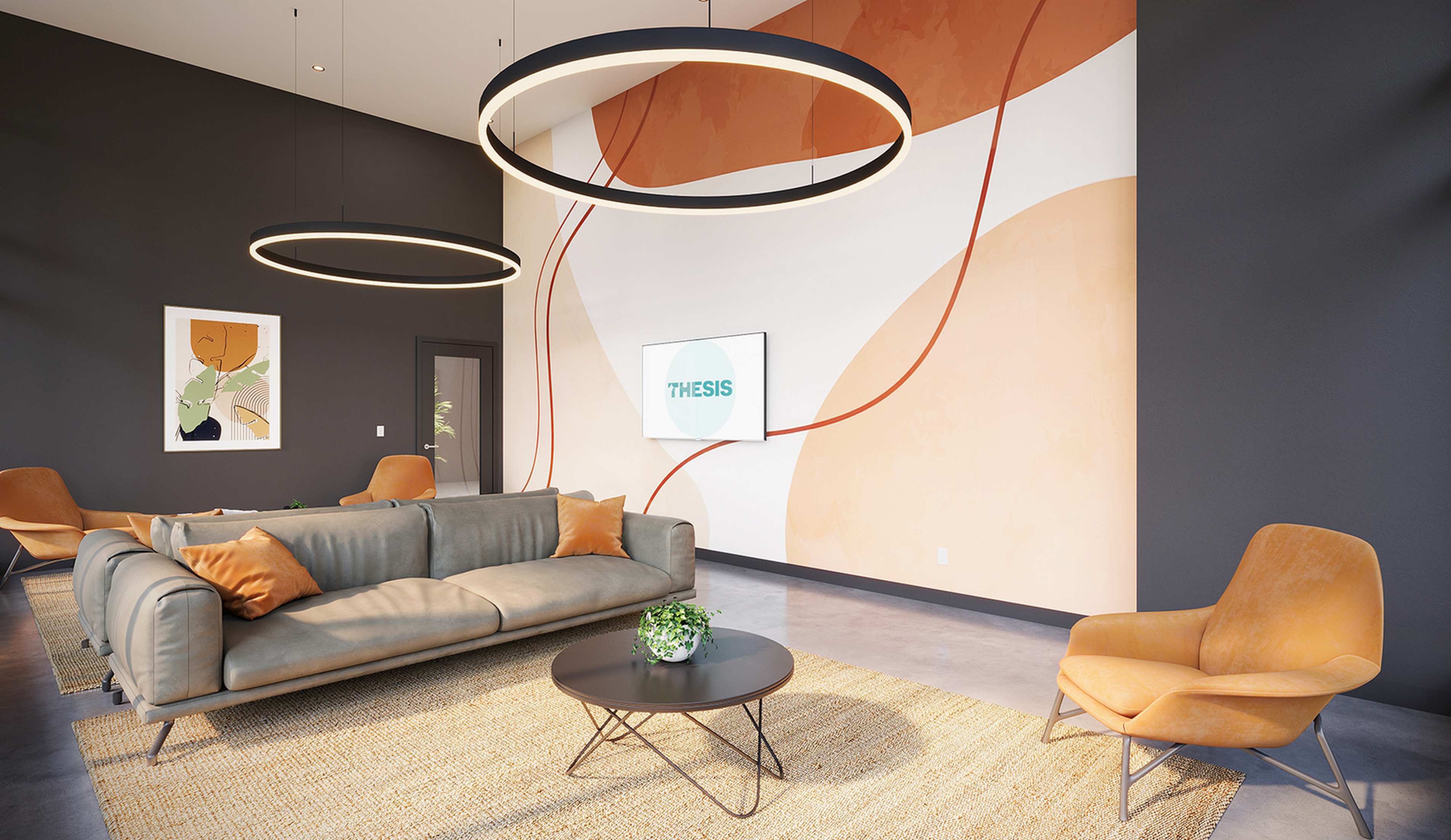 Modern living room with a chic design, featuring a sleek gray sofa, vibrant orange accent chairs, artistic wall with a painting, stylish circular lighting, and a cozy coffee table with a plant.