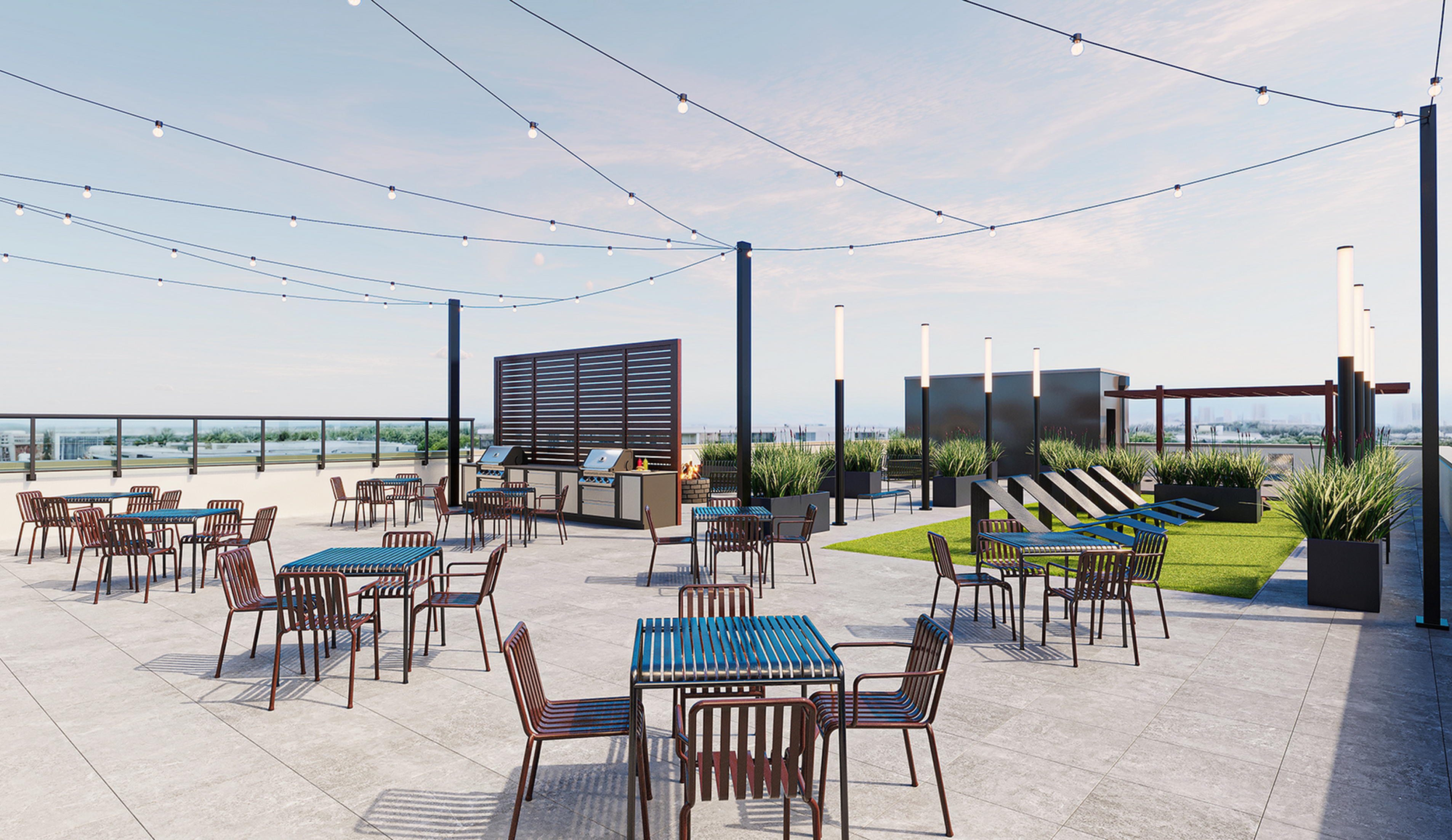 Vibrant rooftop oasis with elegant dining area, modern barbecue station, and lush greenery, perfect for entertaining.