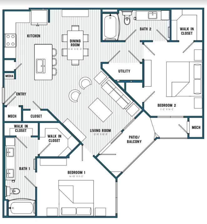 D1 Floorplan; 2 bedroom/2 bathroom