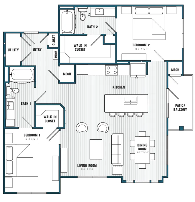 E Floorplan; 2 Bedroom/2 Bathroom