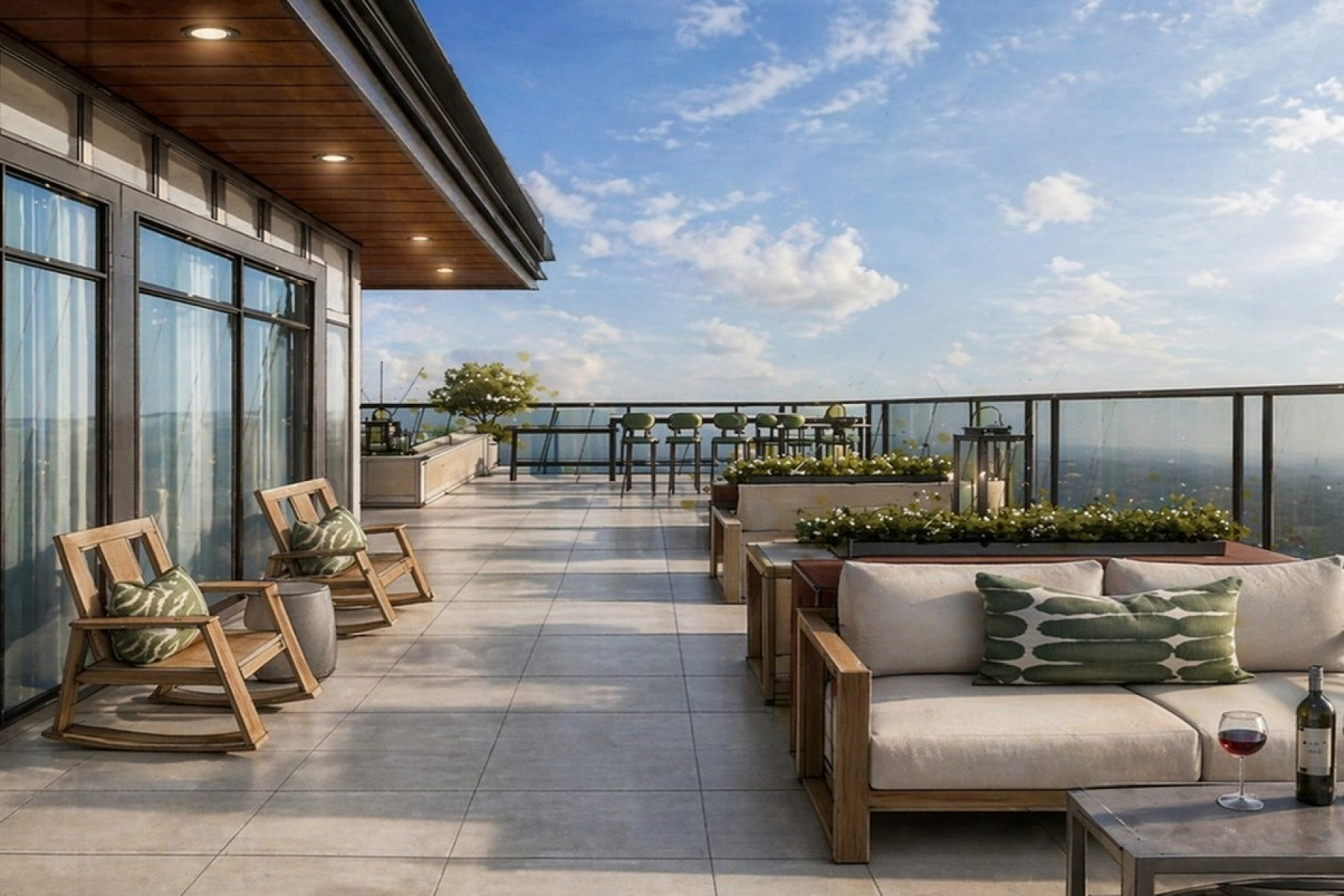 Luxurious rooftop terrace with stylish wooden seating, lush greenery, and breathtaking panoramic views, perfect for relaxation or entertaining.