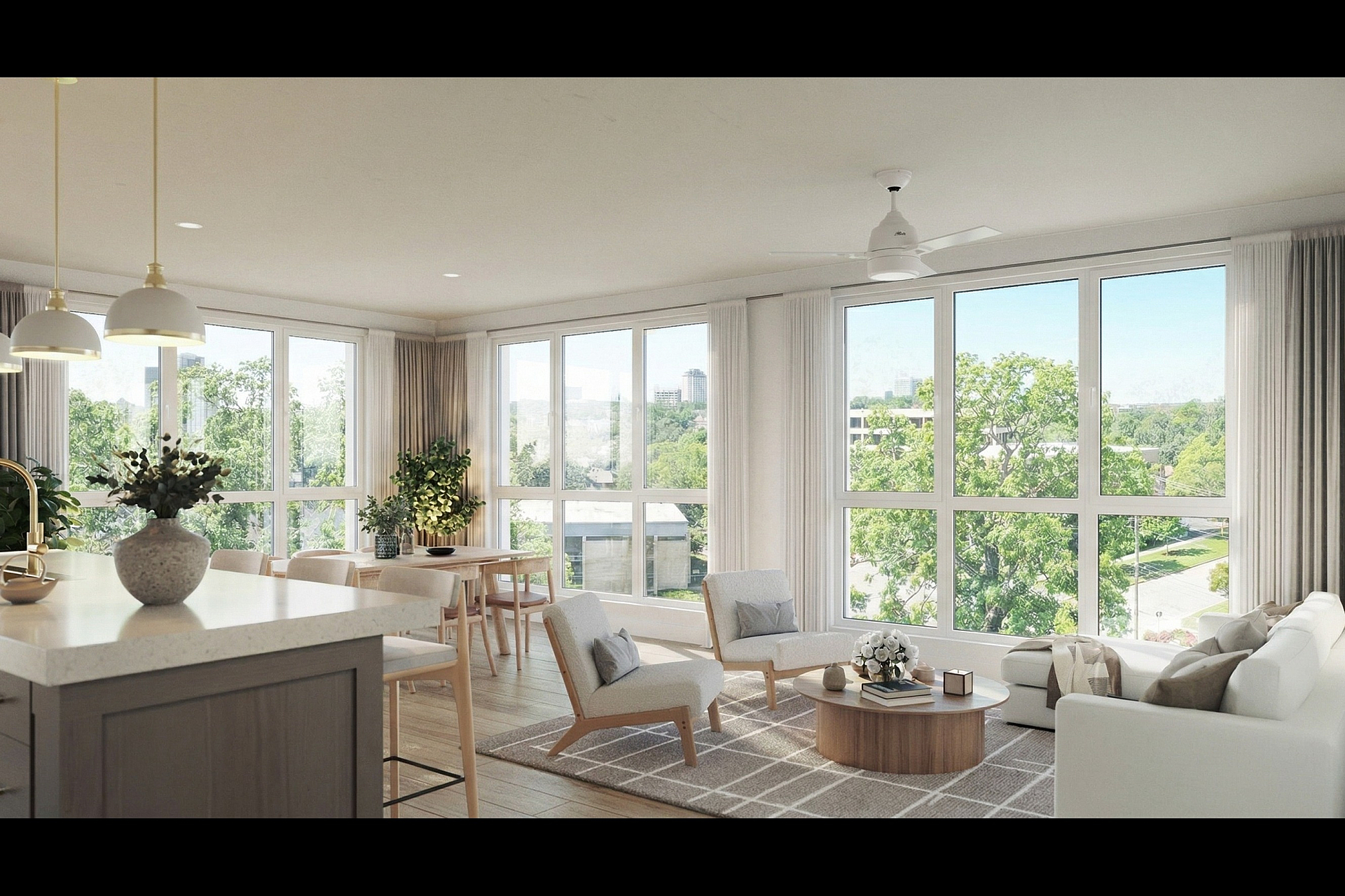 Bright and airy living space with panoramic windows, modern decor, and chic furnishings, perfect for relaxation and entertaining.