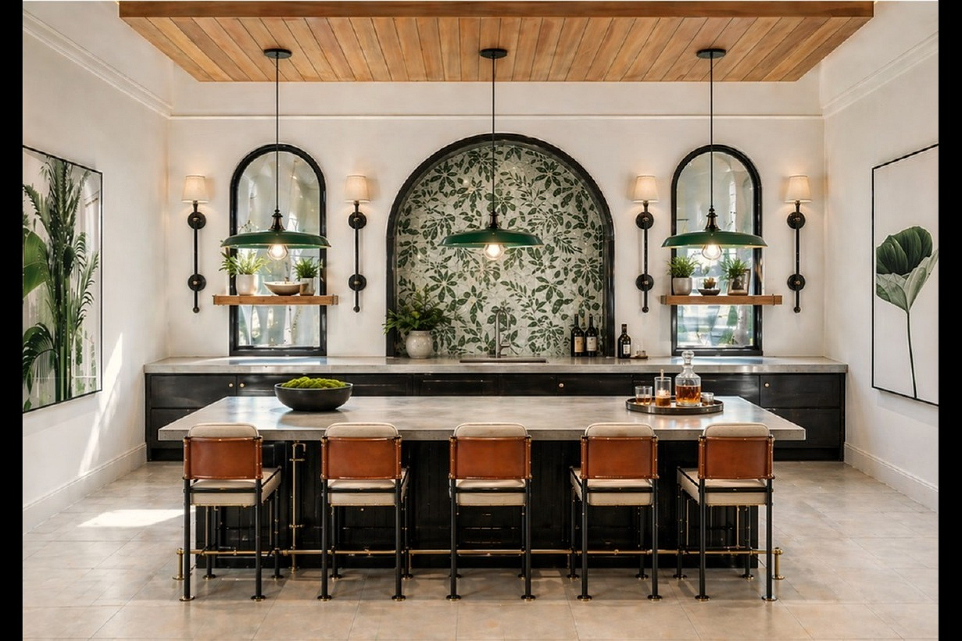 Chic kitchen with a large island, stylish pendant lighting, and elegant green leaf accent tiles, perfect for entertaining and culinary creativity.