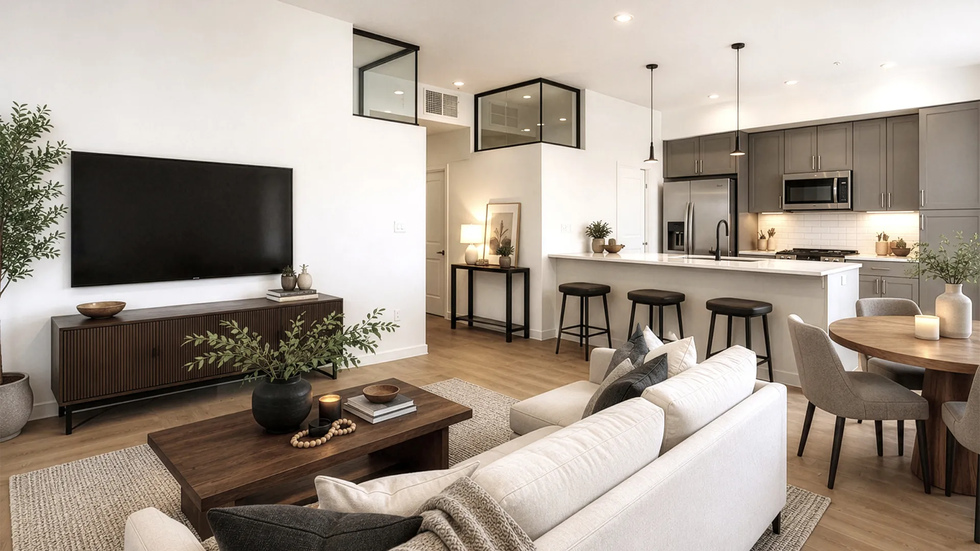 Modern open-concept apartment at Greenside at Silo Park with a contemporary kitchen, dining area, and living space.