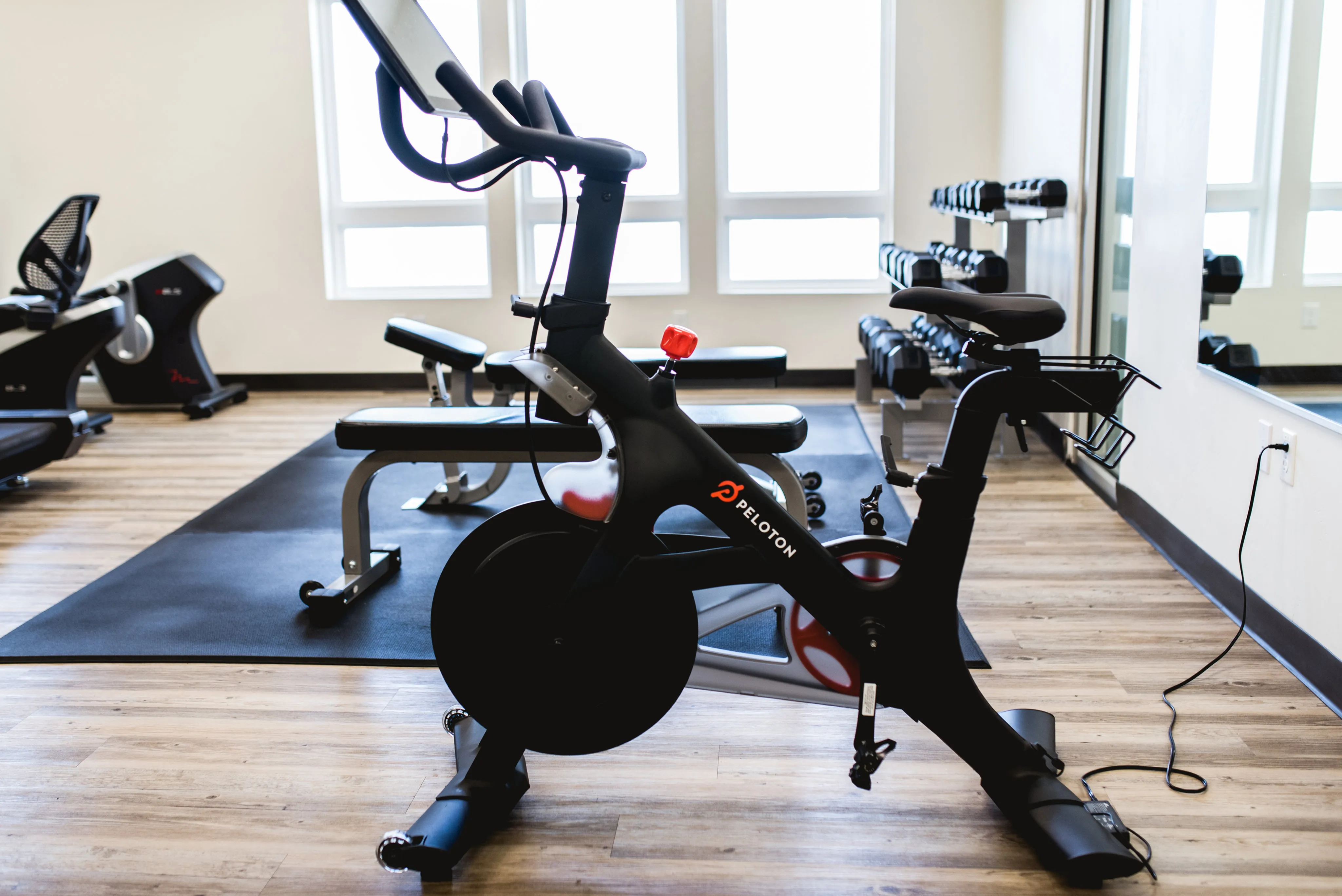 Fitness center at City Garden with Peloton bike for a premium workout experience.