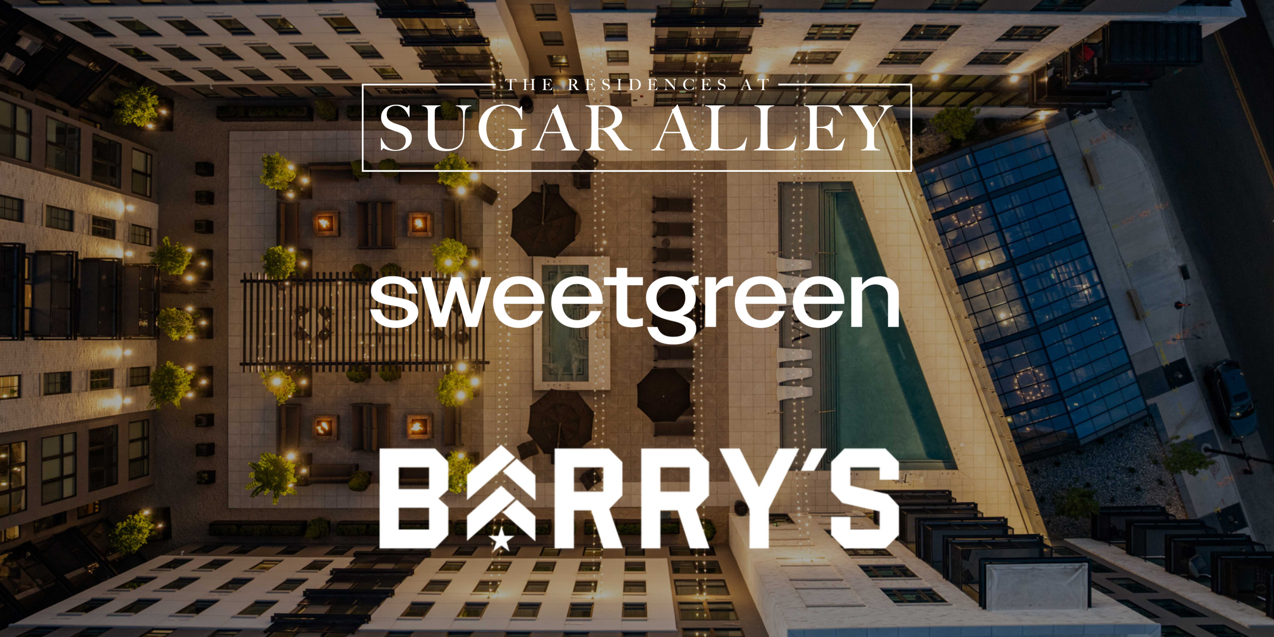 Image of Sugar Alley's Pool Deck while showing the Sweetgreen and Barry's Fitness logo