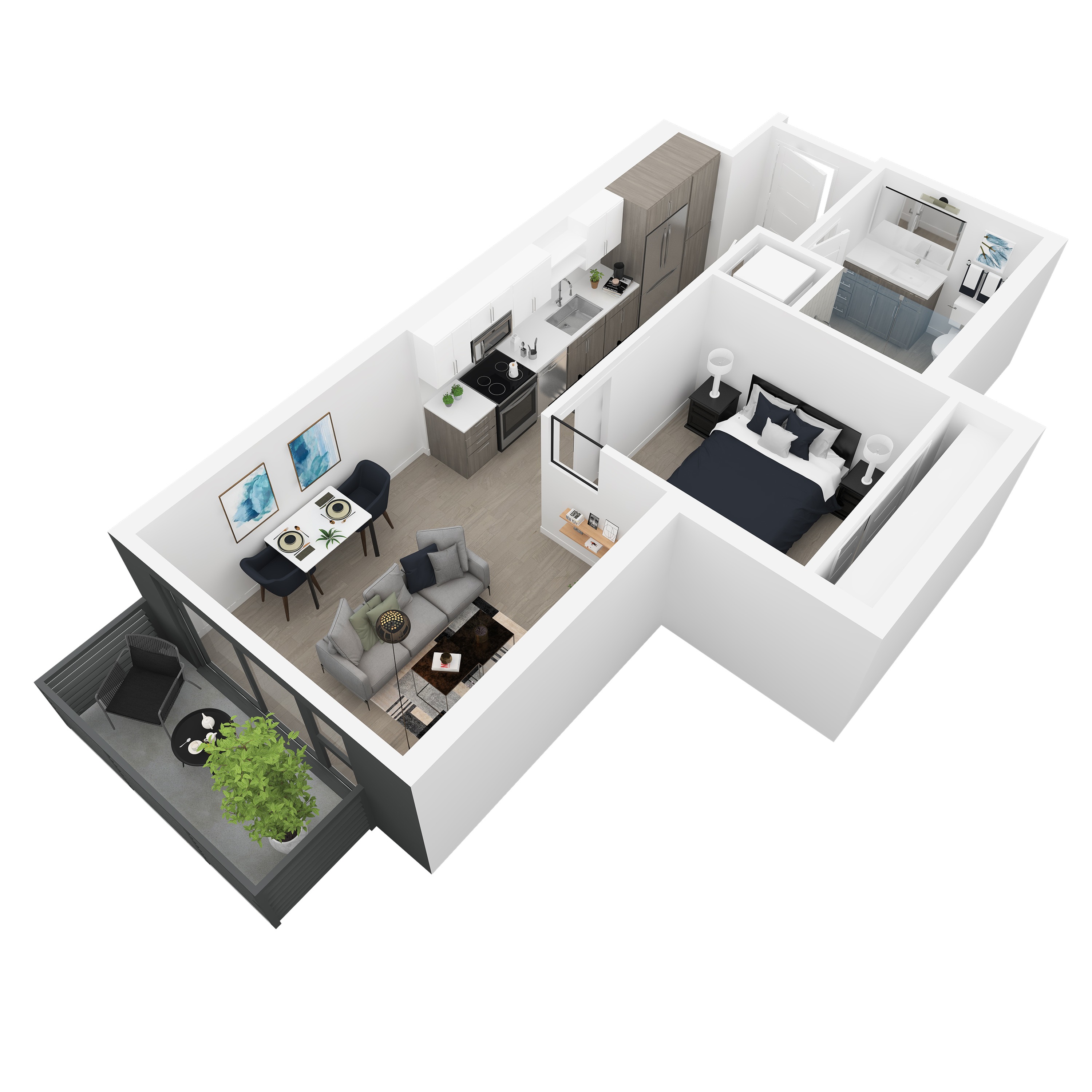 3D back-left angled view of the Emaline 1-bedroom apartment at Dixon Place in Sugar House, Salt Lake City