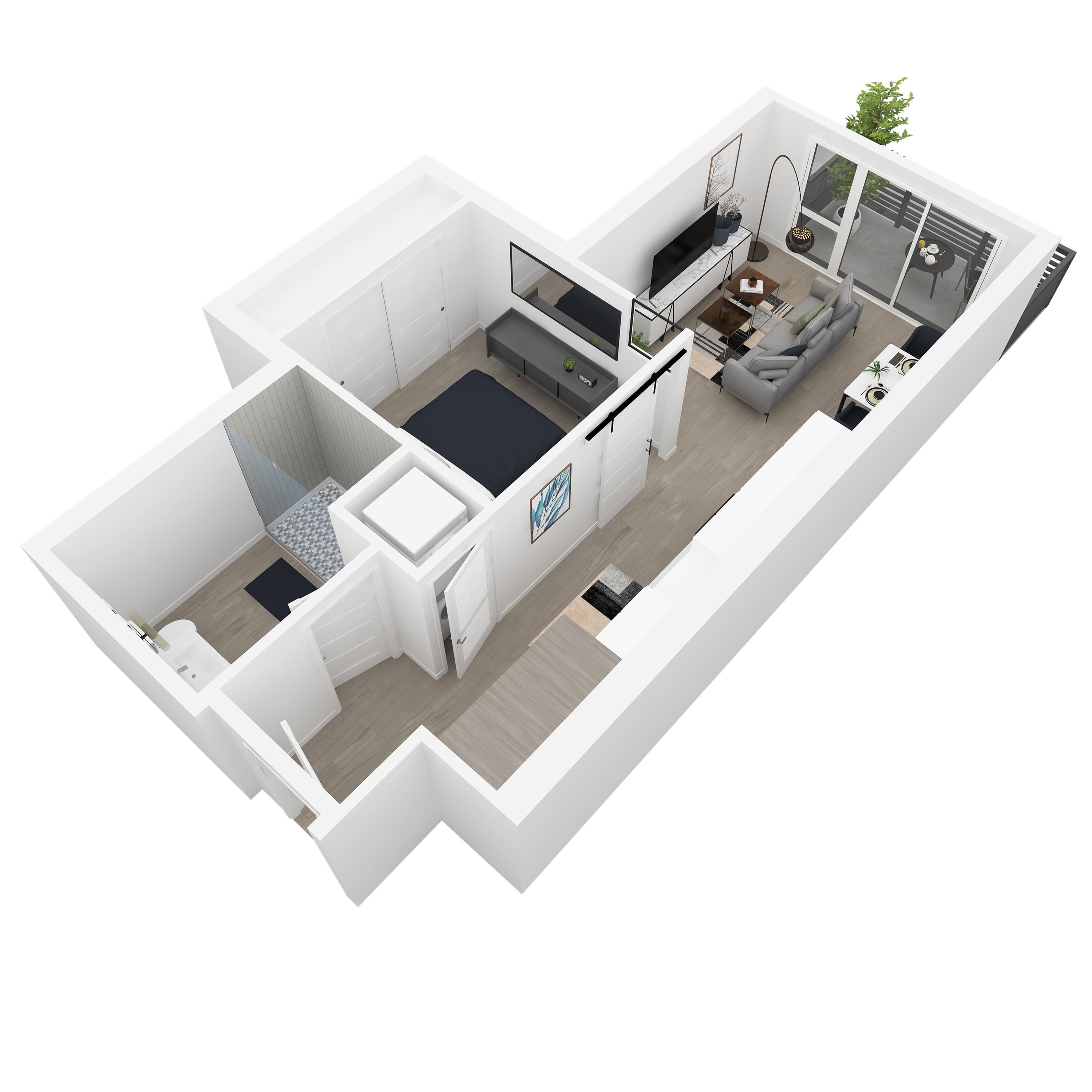 3D front-right angled view of the Emaline 1-bedroom apartment at Dixon Place in Sugar House, Salt Lake City