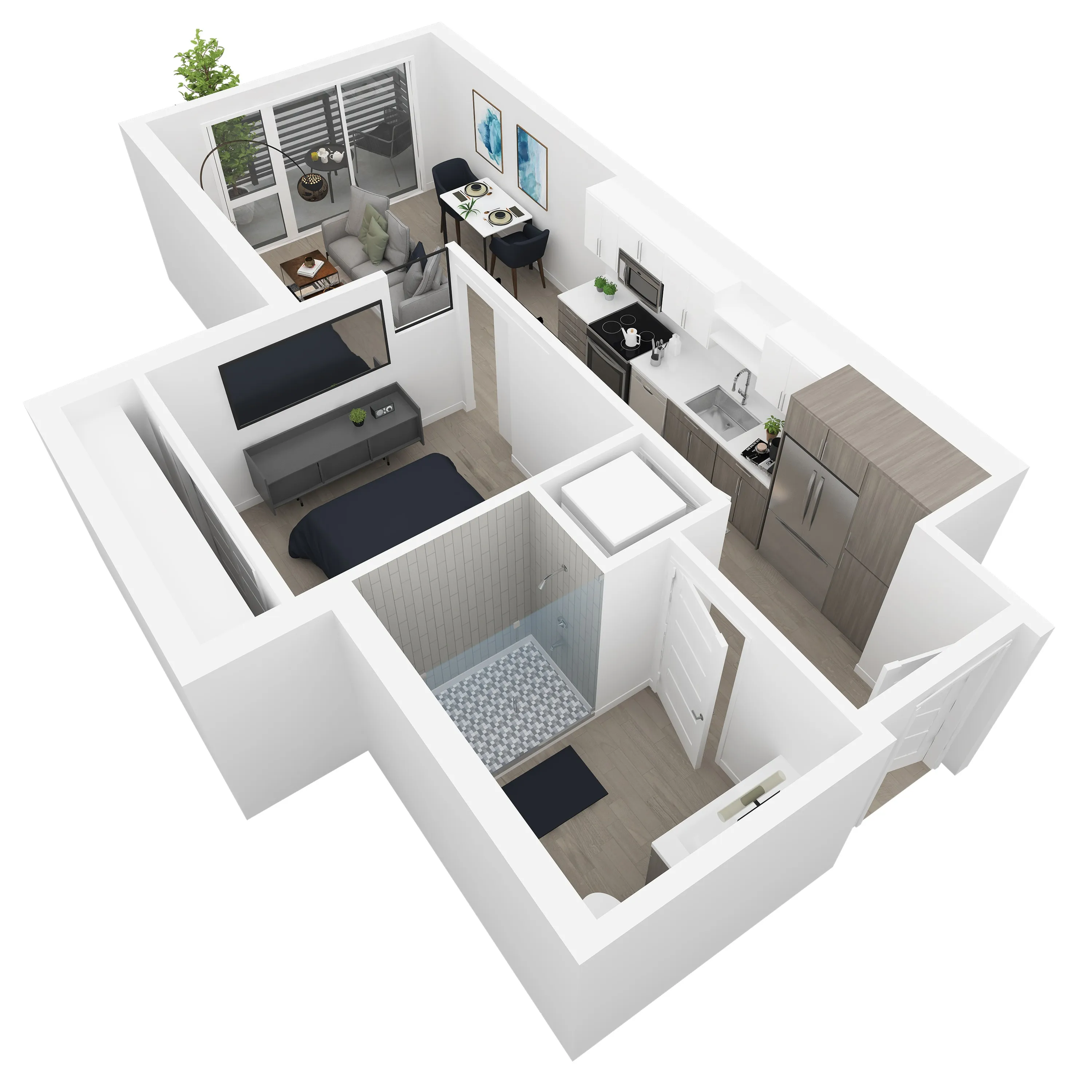3D front-left angled view of the Emaline 1-bedroom apartment at Dixon Place in Sugar House, Salt Lake City