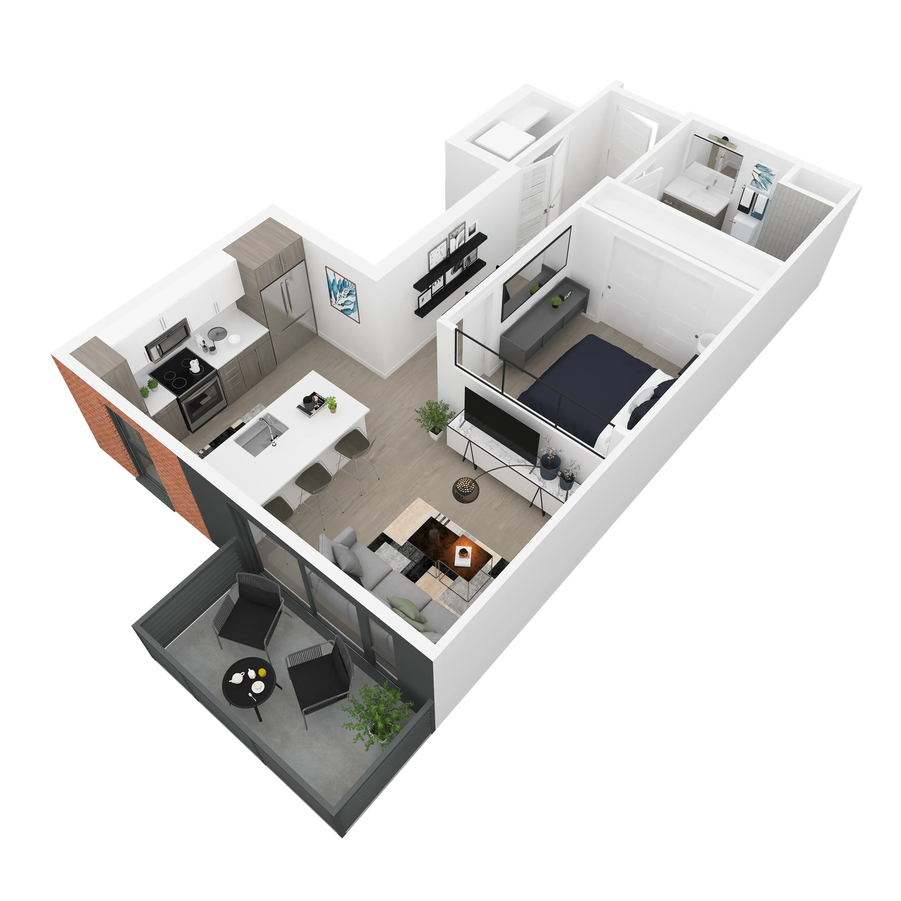 3D back-left angled view of the Mary 1-bedroom apartment at Dixon Place in Sugar House, Salt Lake City