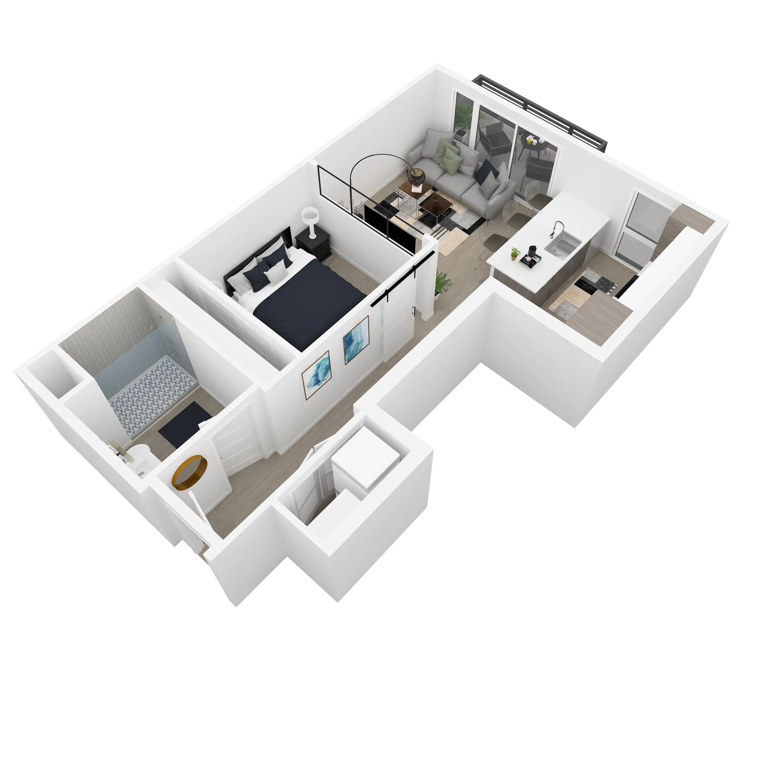 3D front-left angled view of the Mary 1-bedroom apartment at Dixon Place in Sugar House, Salt Lake City