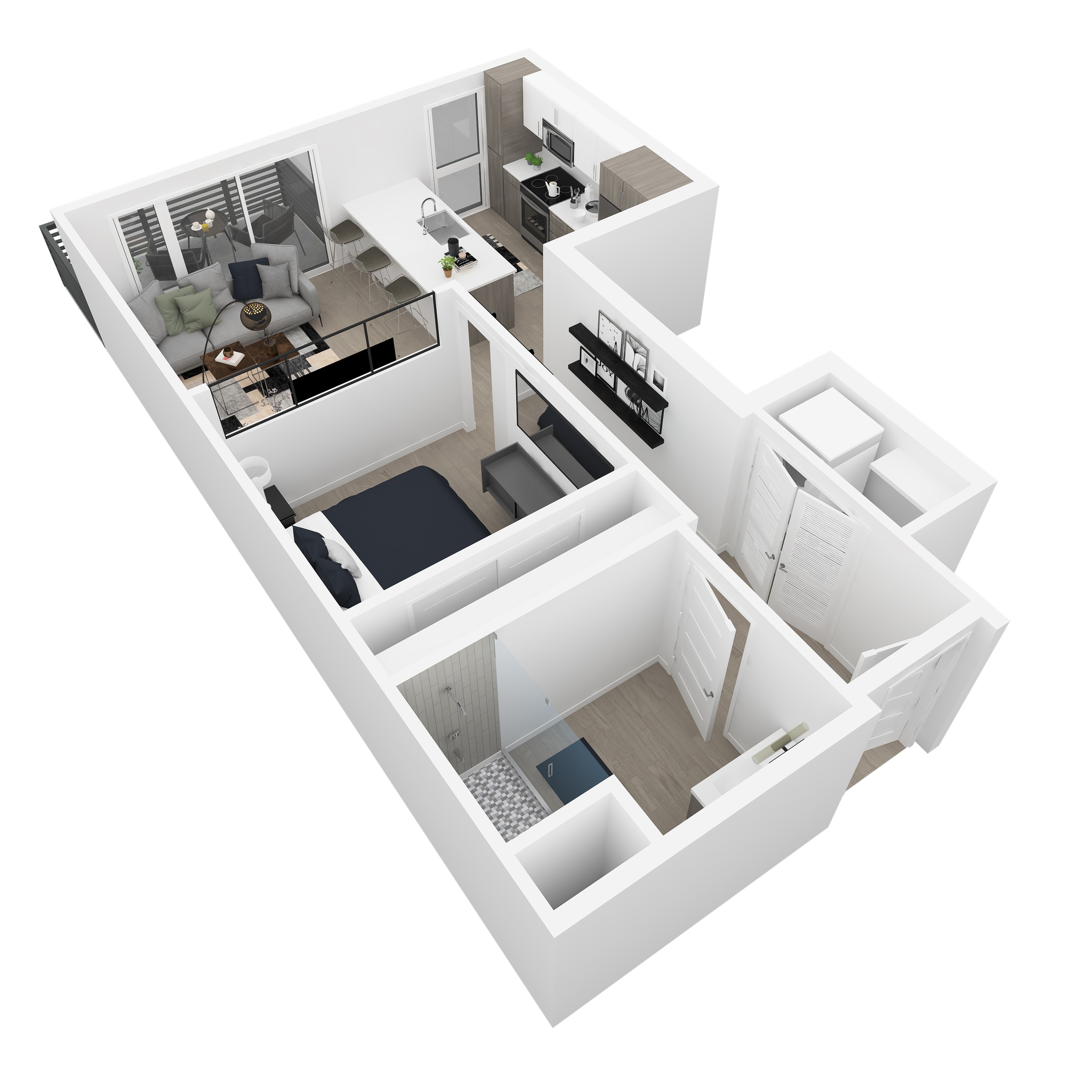 3D front-right angled view of the Mary 1-bedroom apartment at Dixon Place in Sugar House, Salt Lake City