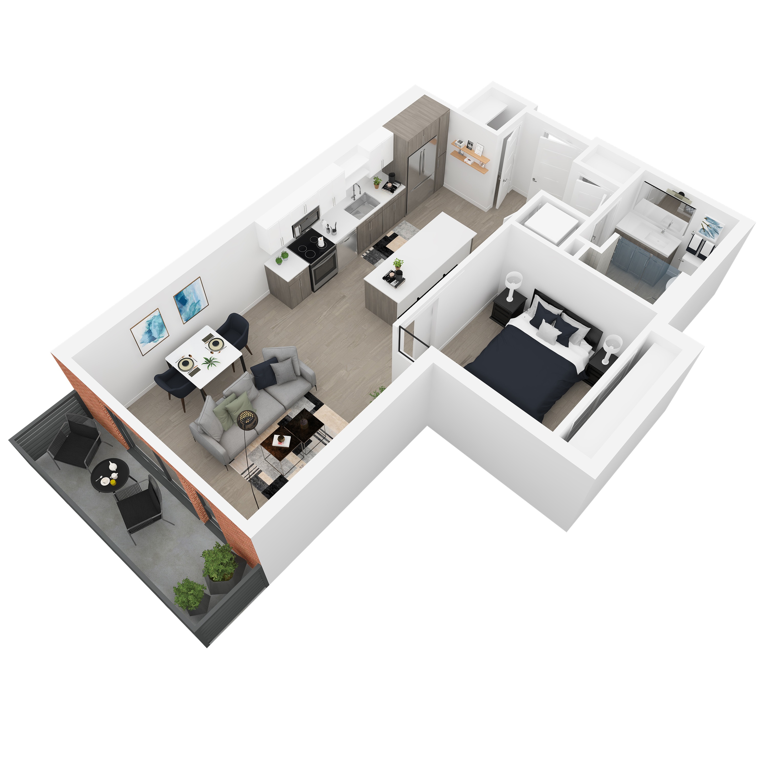 3D back-left angled view of the Elizabeth 1-bedroom apartment at Dixon Place in Sugar House, Salt Lake City