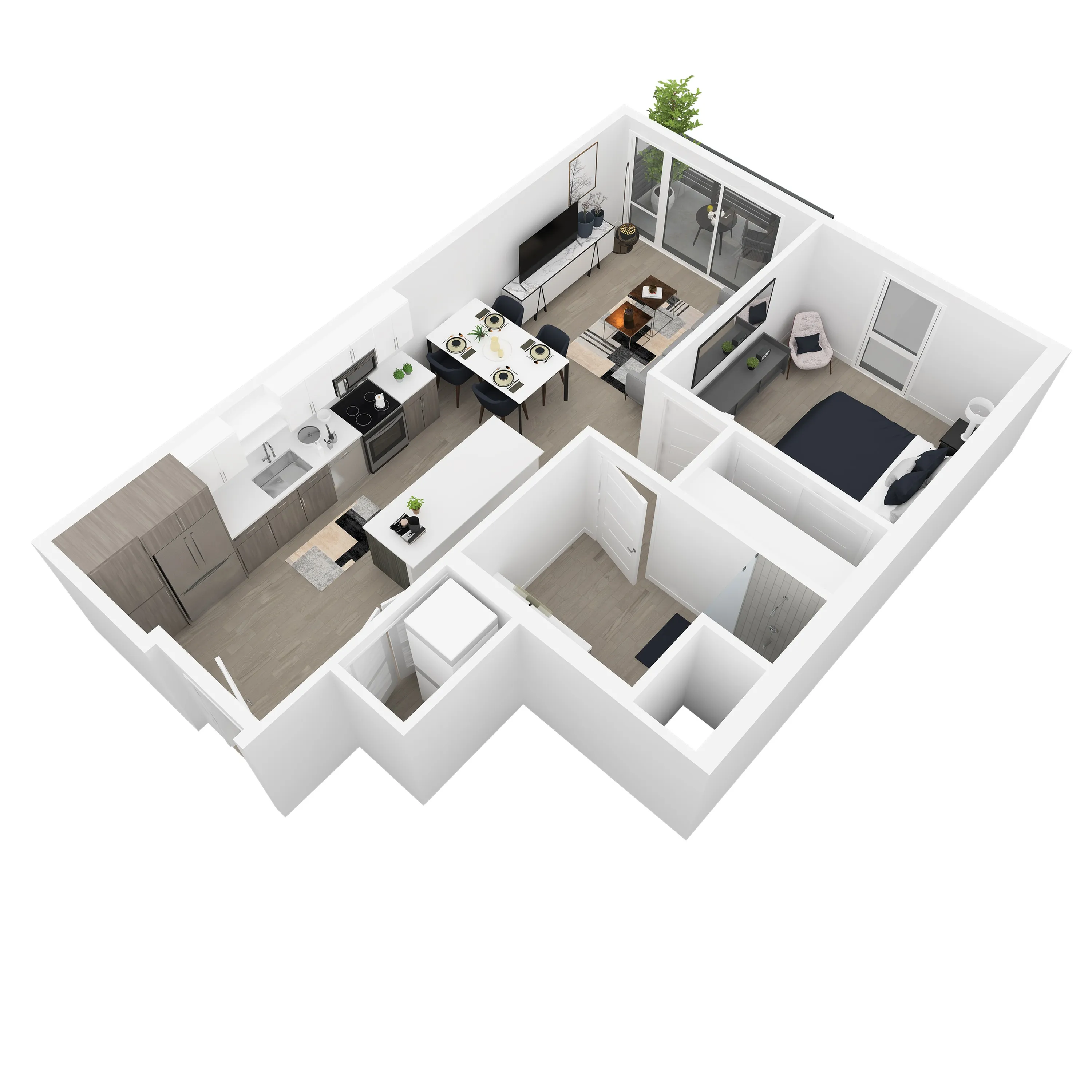 3D front-left angled view of the Margaret 1-bedroom apartment at Dixon Place in Sugar House, Salt Lake City