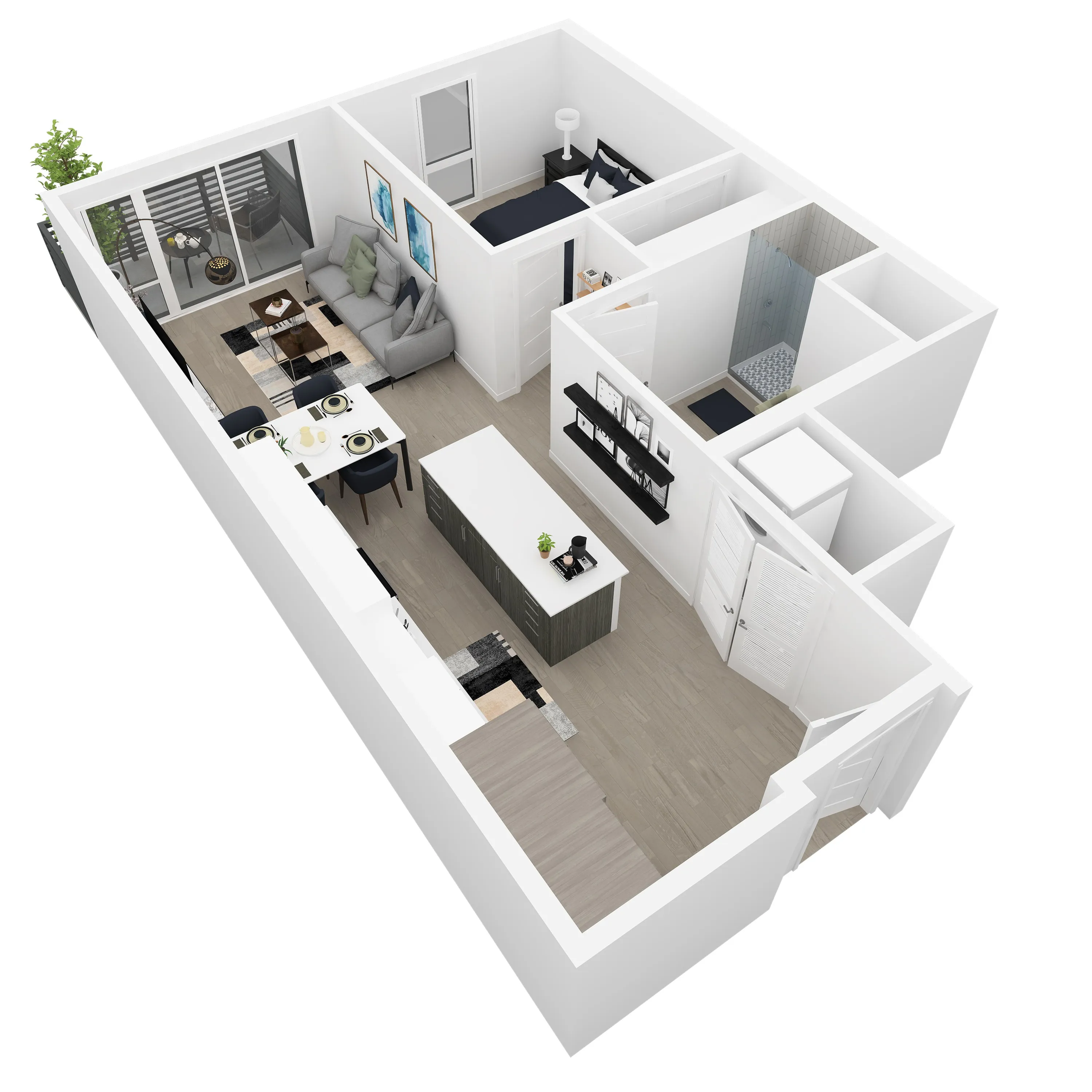 3D front-right angled view of the Margaret 1-bedroom apartment at Dixon Place in Sugar House, Salt Lake City
