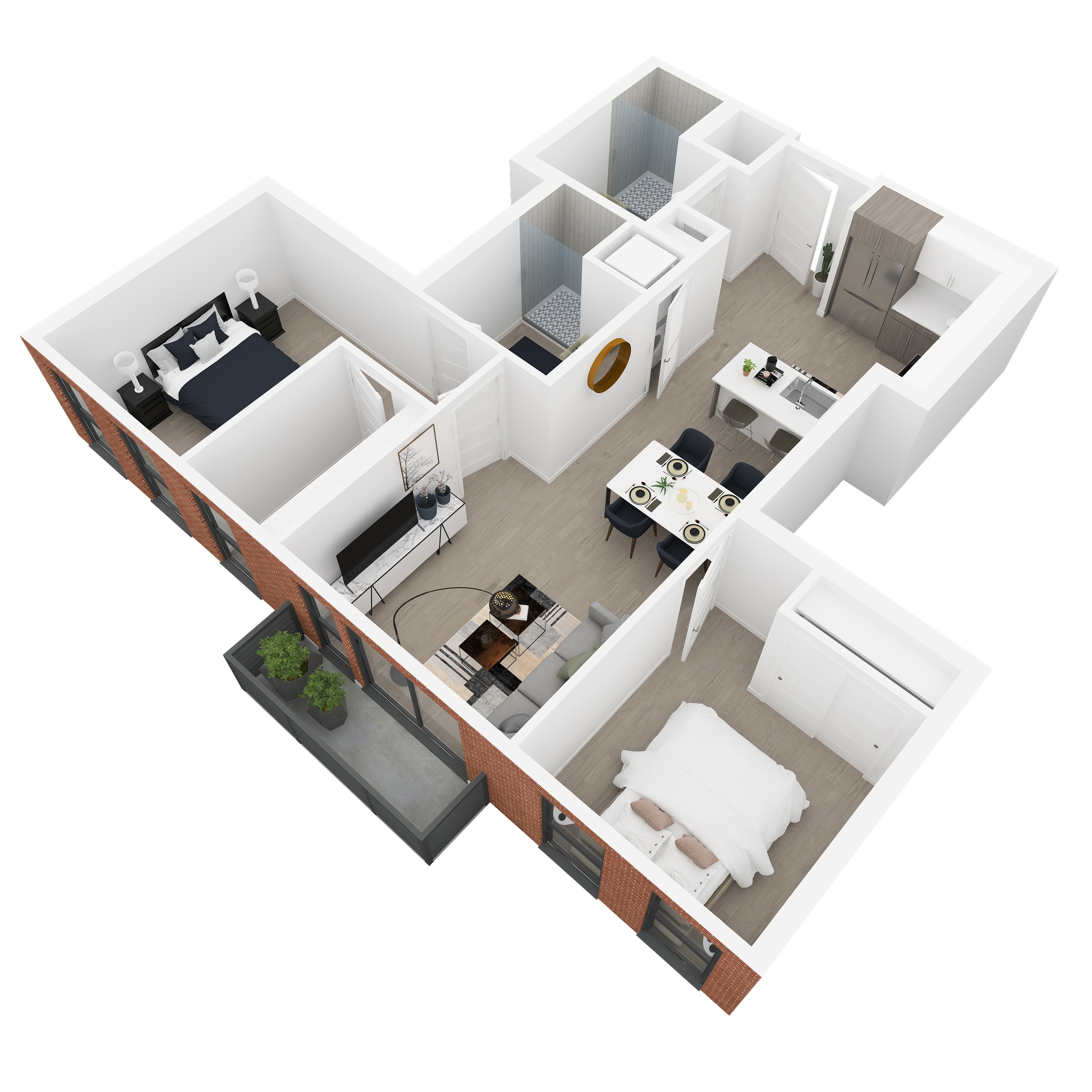 3D back-left angled view of the Maxwell 2-bedroom apartment at Dixon Place in Sugar House, Salt Lake City