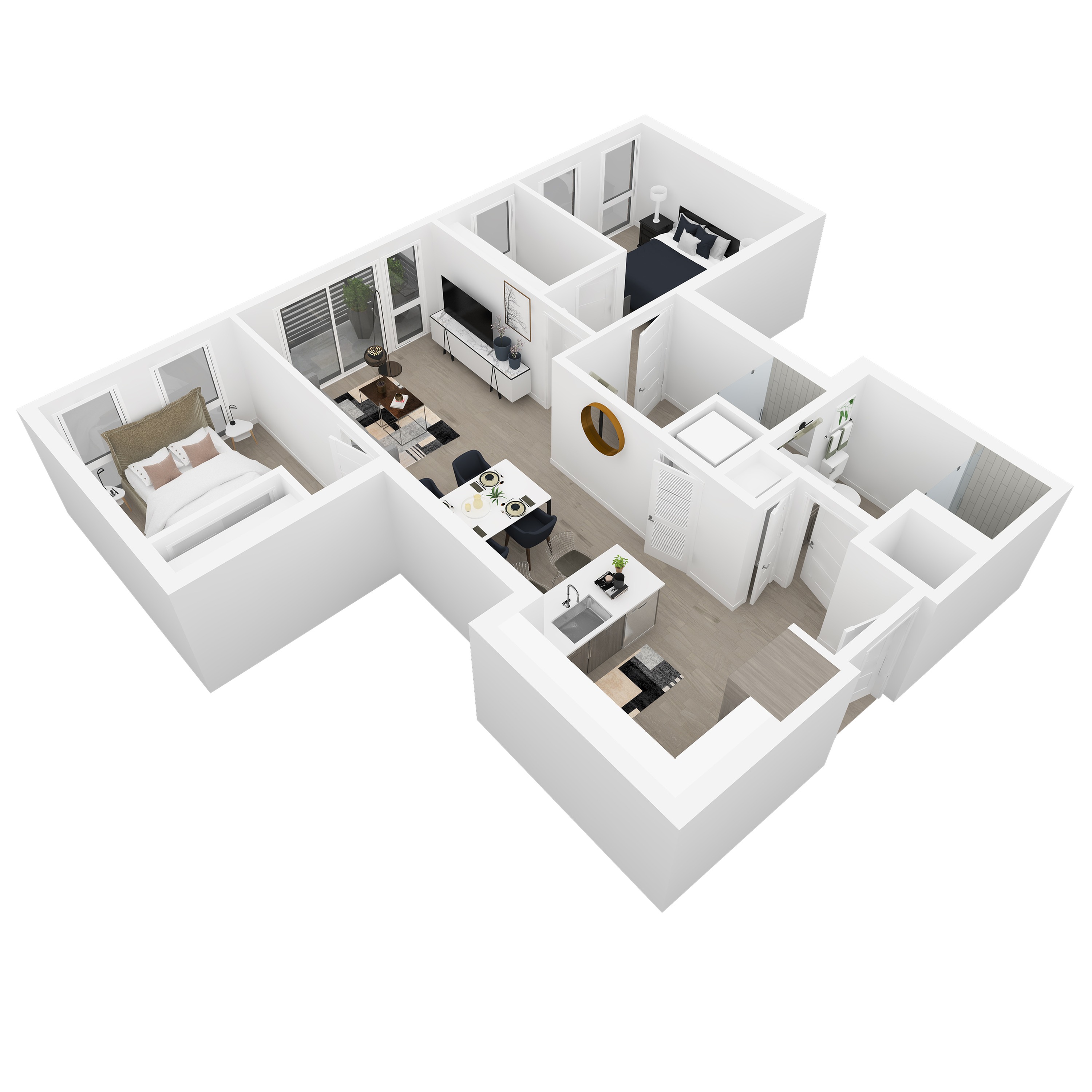 3D front-right angled view of the Maxwell 2-bedroom apartment at Dixon Place in Sugar House, Salt Lake City
