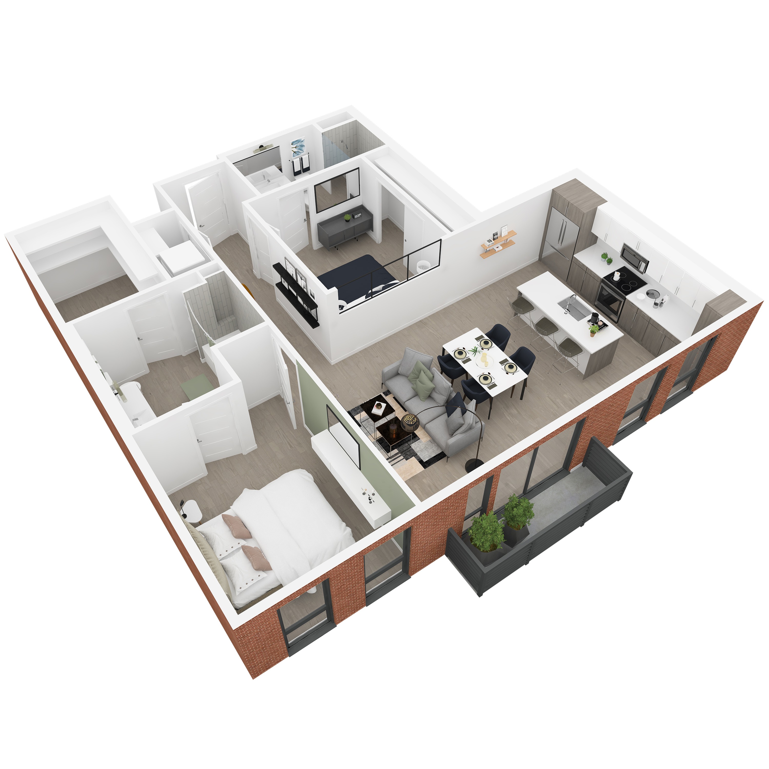 3D back-right angled view of the William 2-bedroom apartment at Dixon Place in Sugar House, Salt Lake City