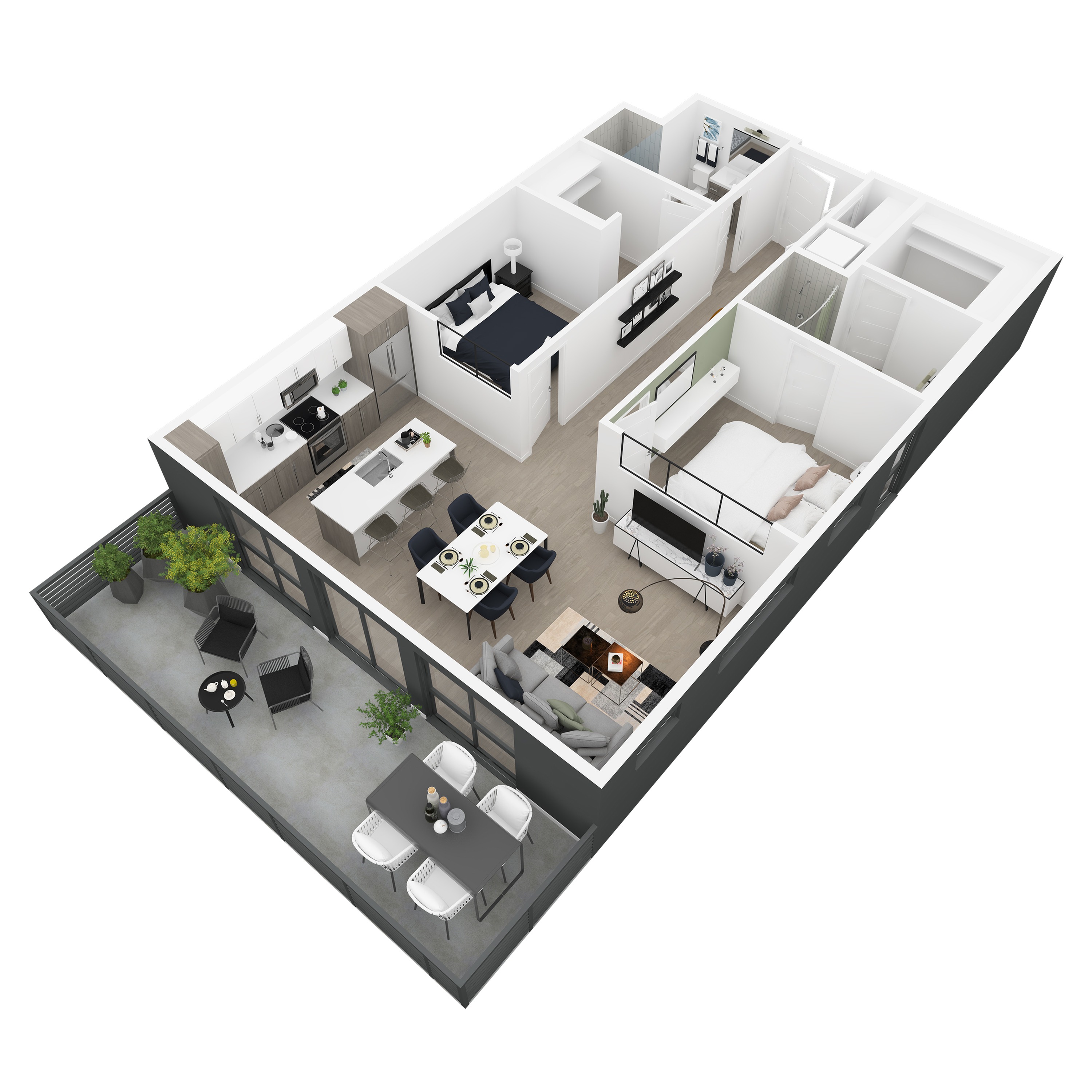 3D back-left angled view of the James 2-bedroom apartment at Dixon Place in Sugar House, Salt Lake City