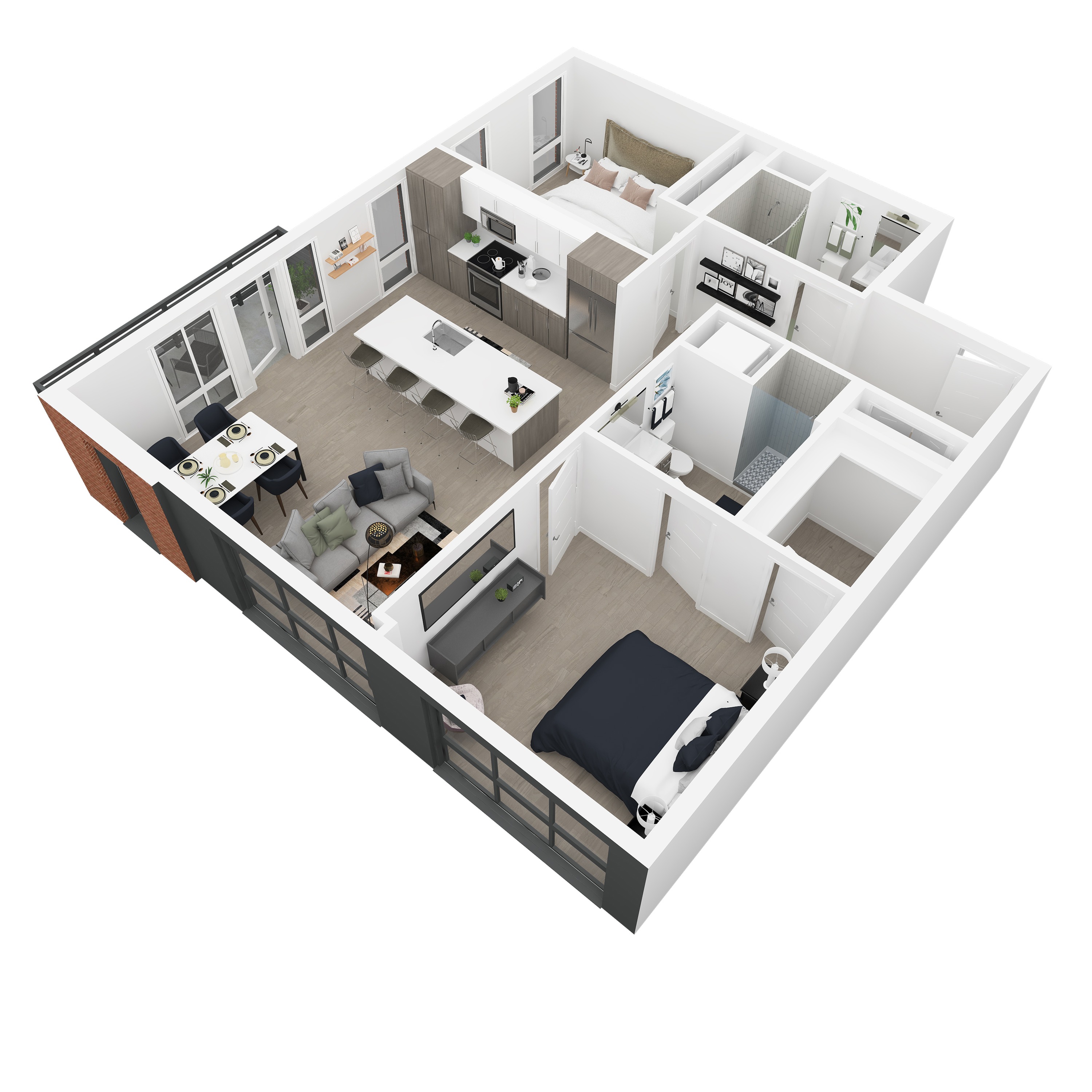 3D front-right angled view of the Joseph 2-bedroom apartment at Dixon Place in Sugar House, Salt Lake City