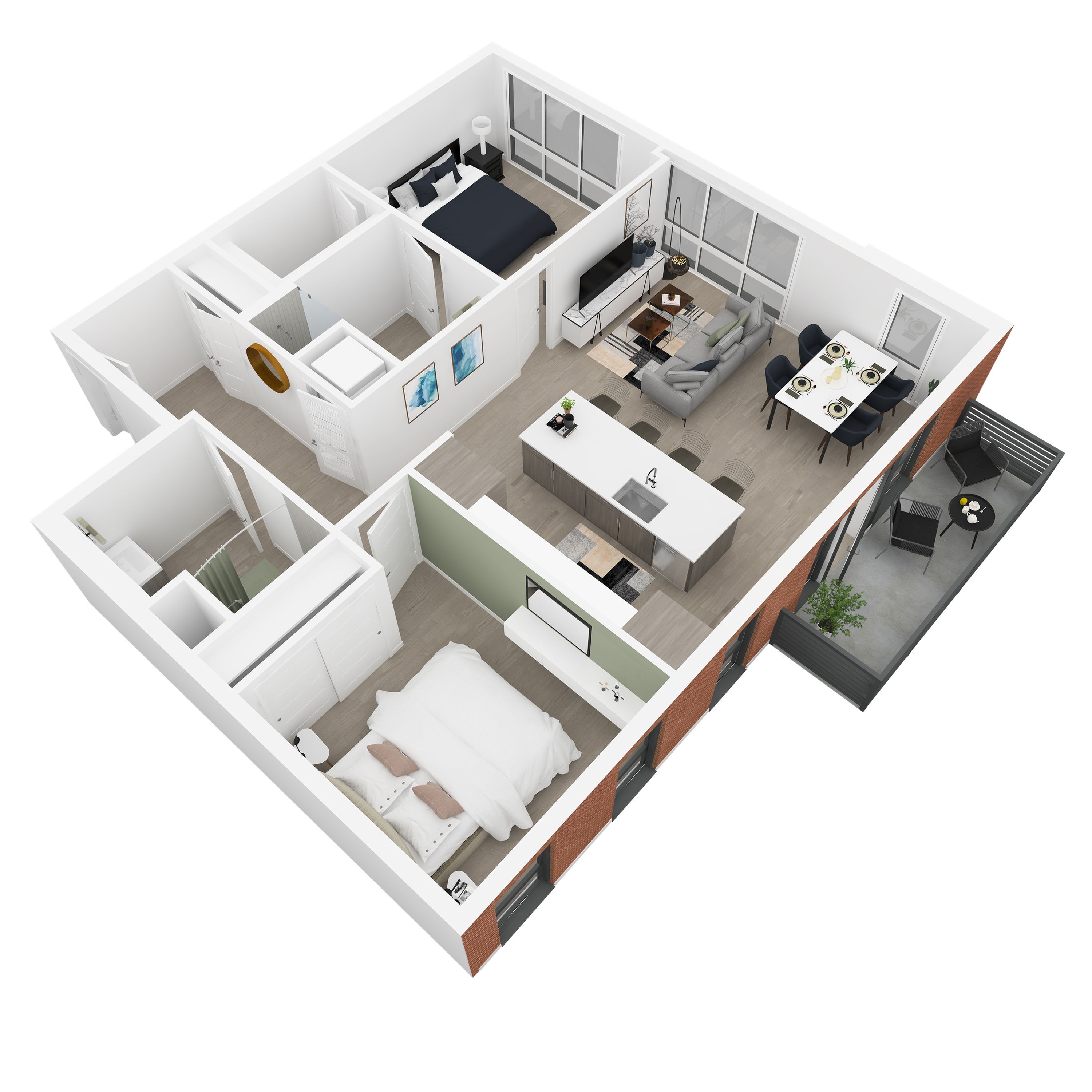 3D back-right angled view of the Joseph 2-bedroom apartment at Dixon Place in Sugar House, Salt Lake City