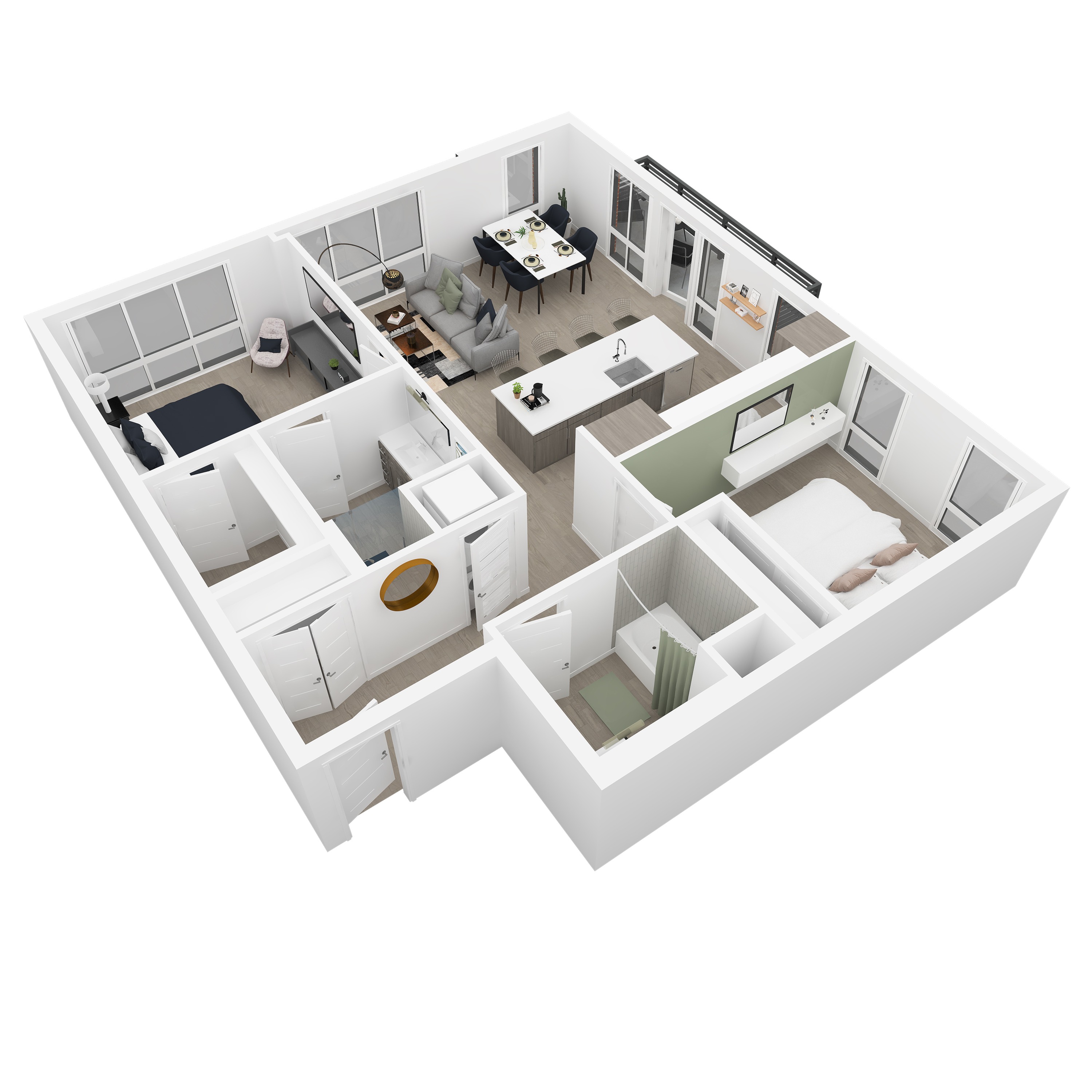 3D front-left angled view of the Joseph 2-bedroom apartment at Dixon Place in Sugar House, Salt Lake City
