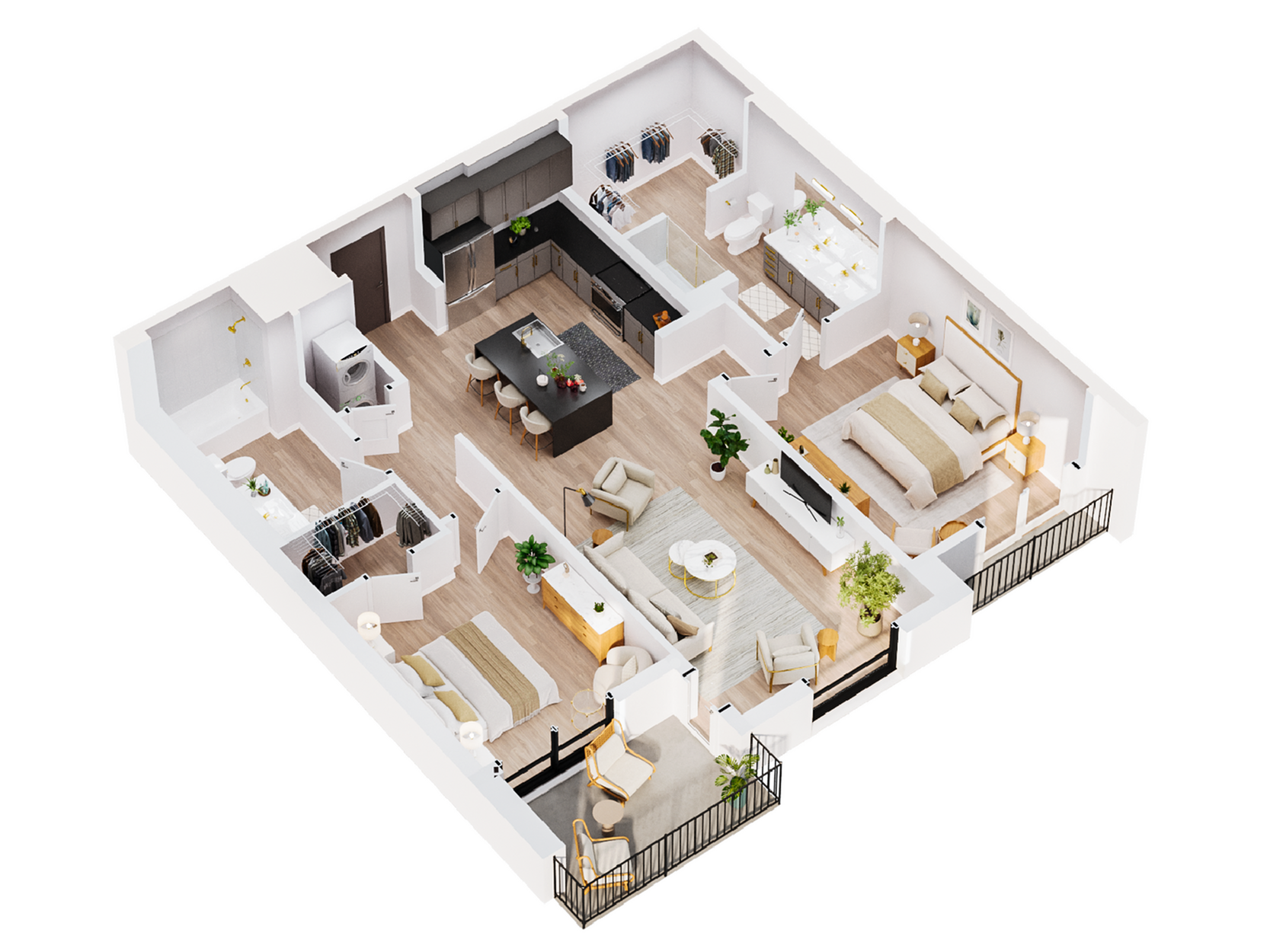 3D Luna | Two Bedroom Floor Plan | The Residences at Sugar Alley