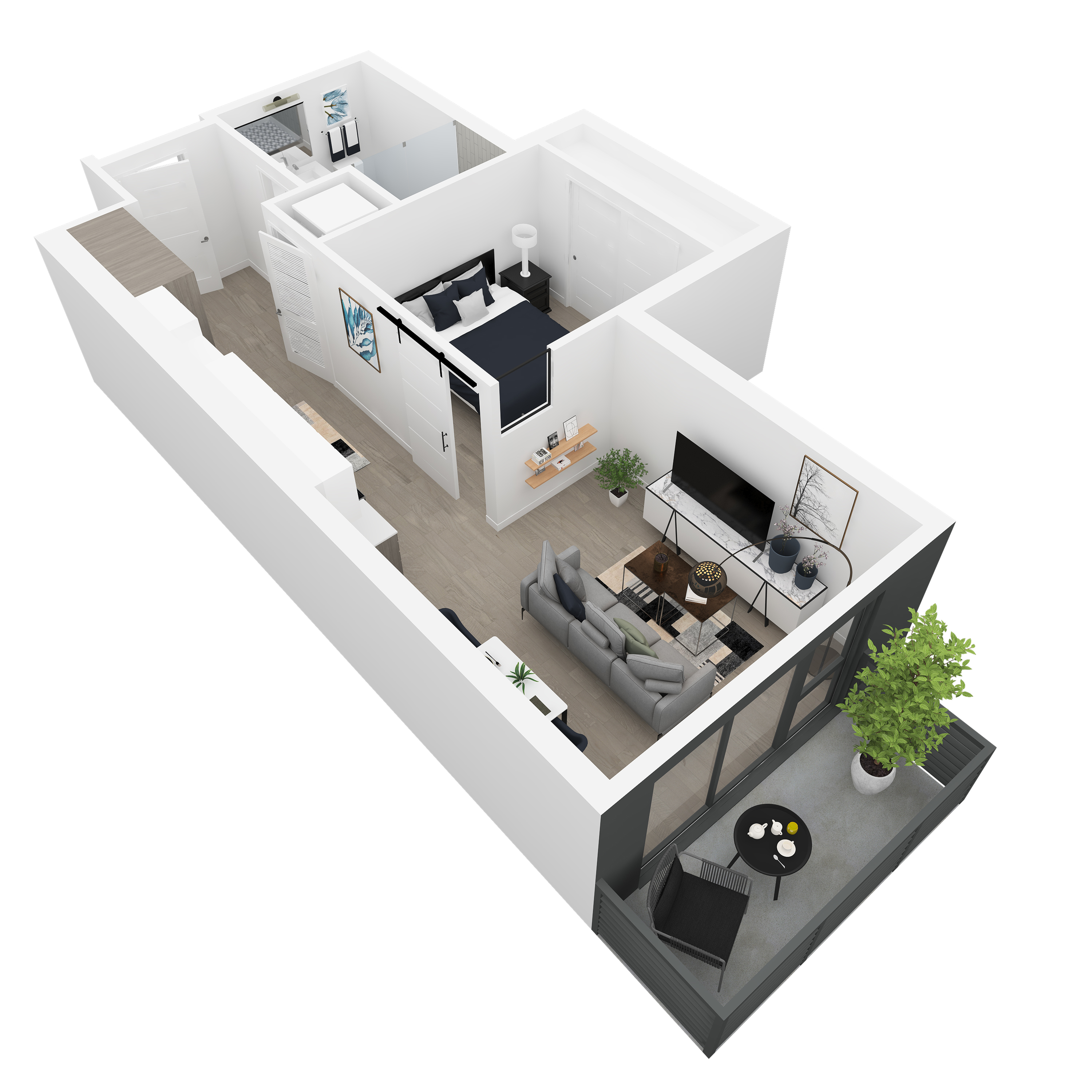 3D back-right angled view of the Emaline 1-bedroom apartment at Dixon Place in Sugar House, Salt Lake City