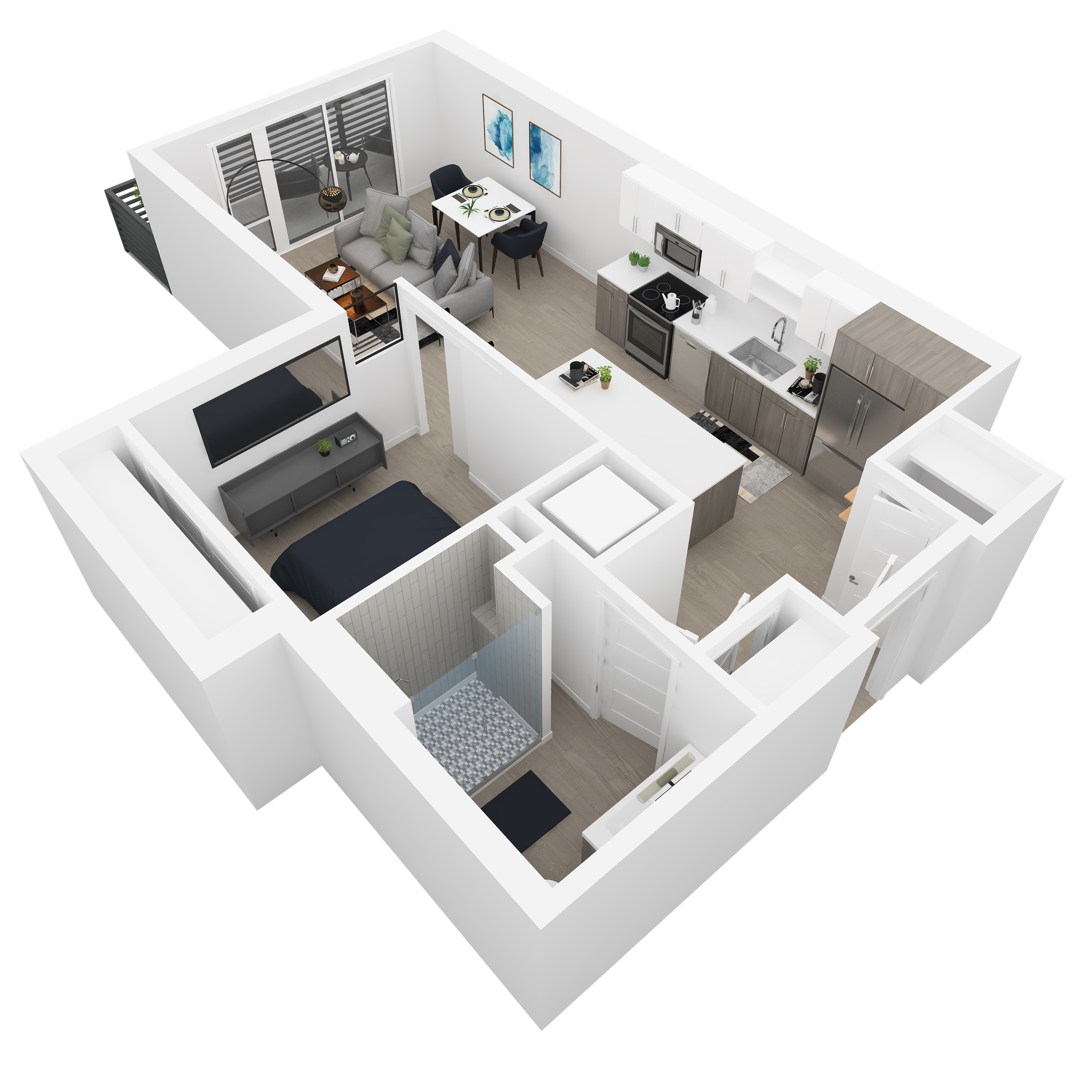 3D front-right angled view of the Elizabeth 1-bedroom apartment at Dixon Place in Sugar House, Salt Lake City