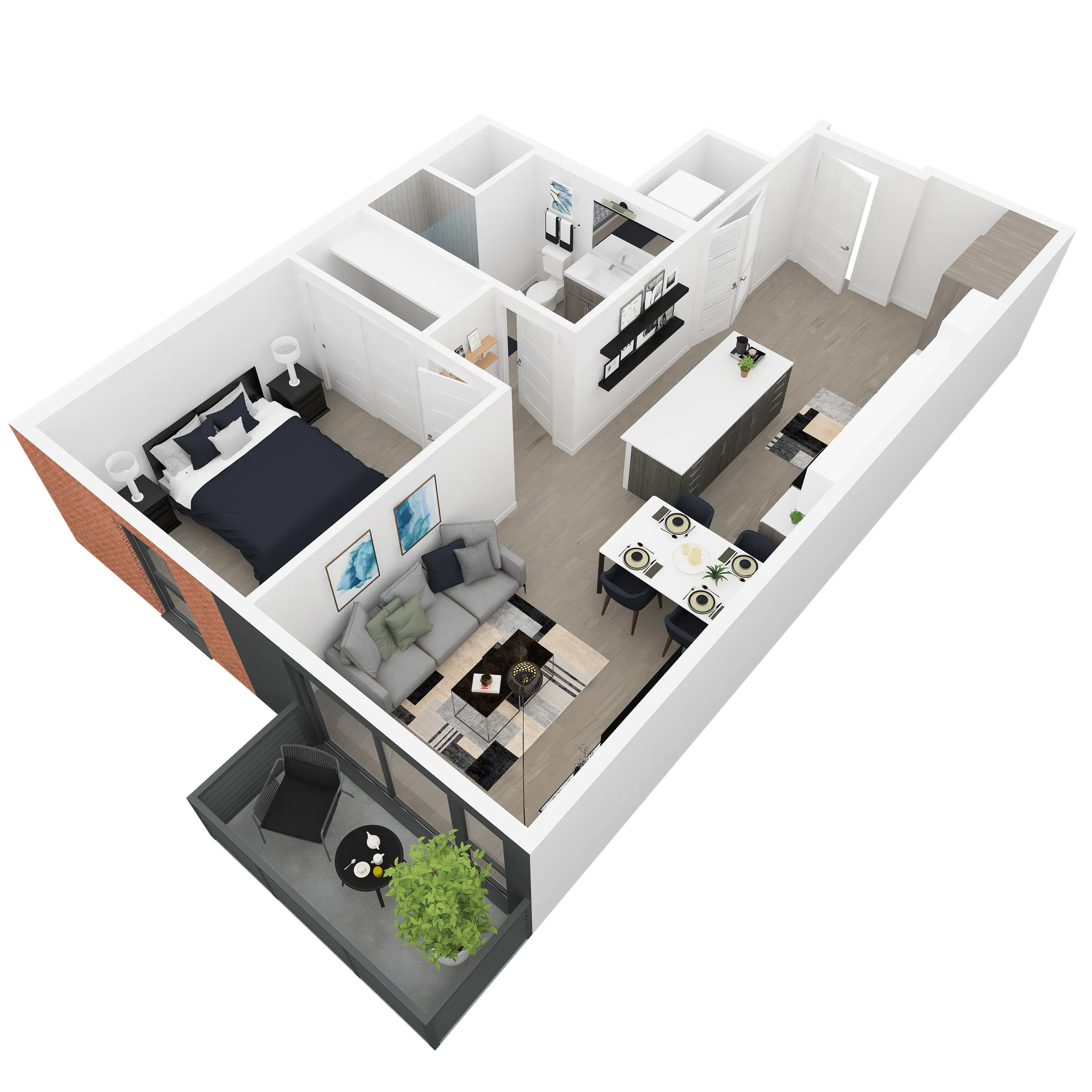 3D back-left angled view of the Margaret 1-bedroom apartment at Dixon Place in Sugar House, Salt Lake City