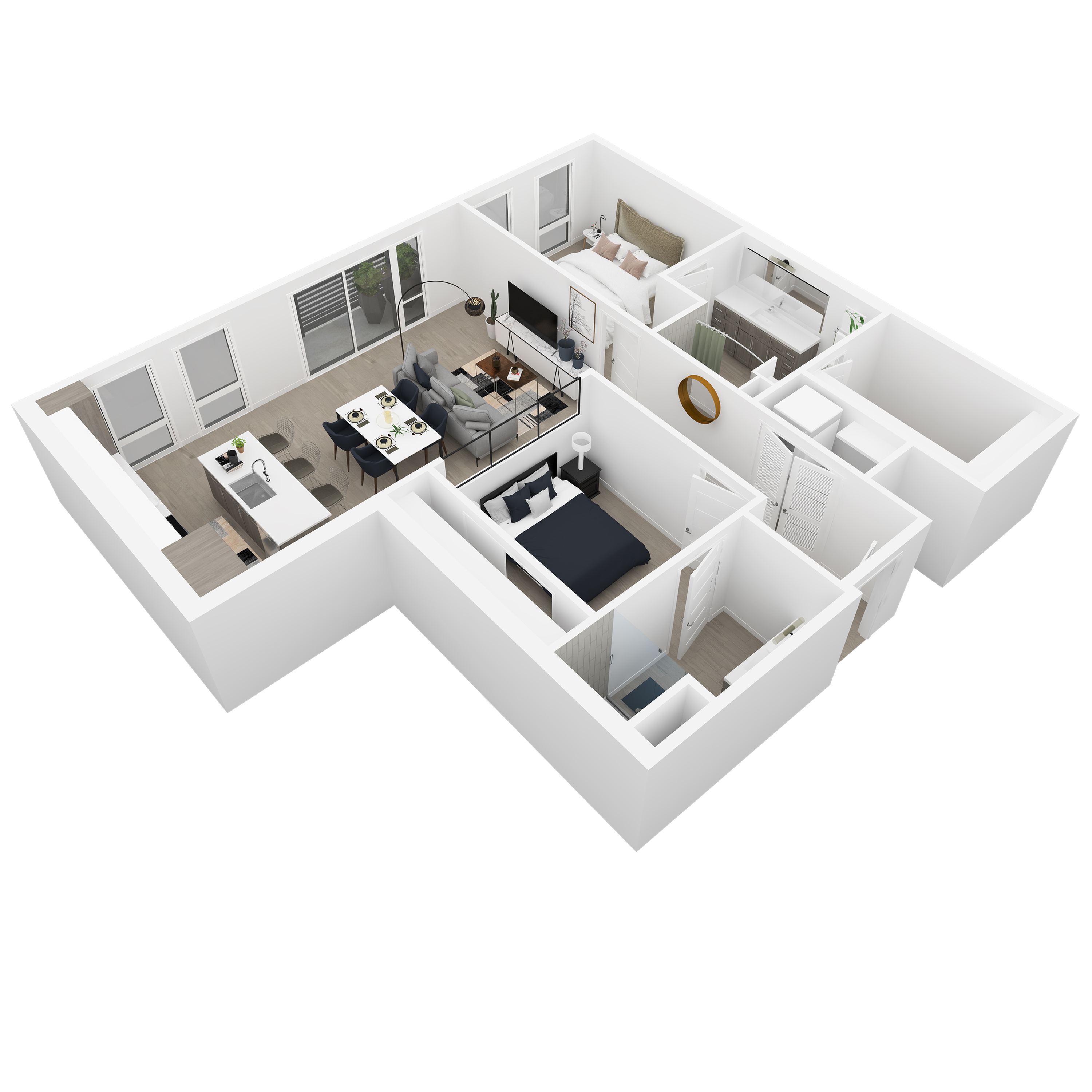 3D front-right angled view of the William 2-bedroom apartment at Dixon Place in Sugar House, Salt Lake City
