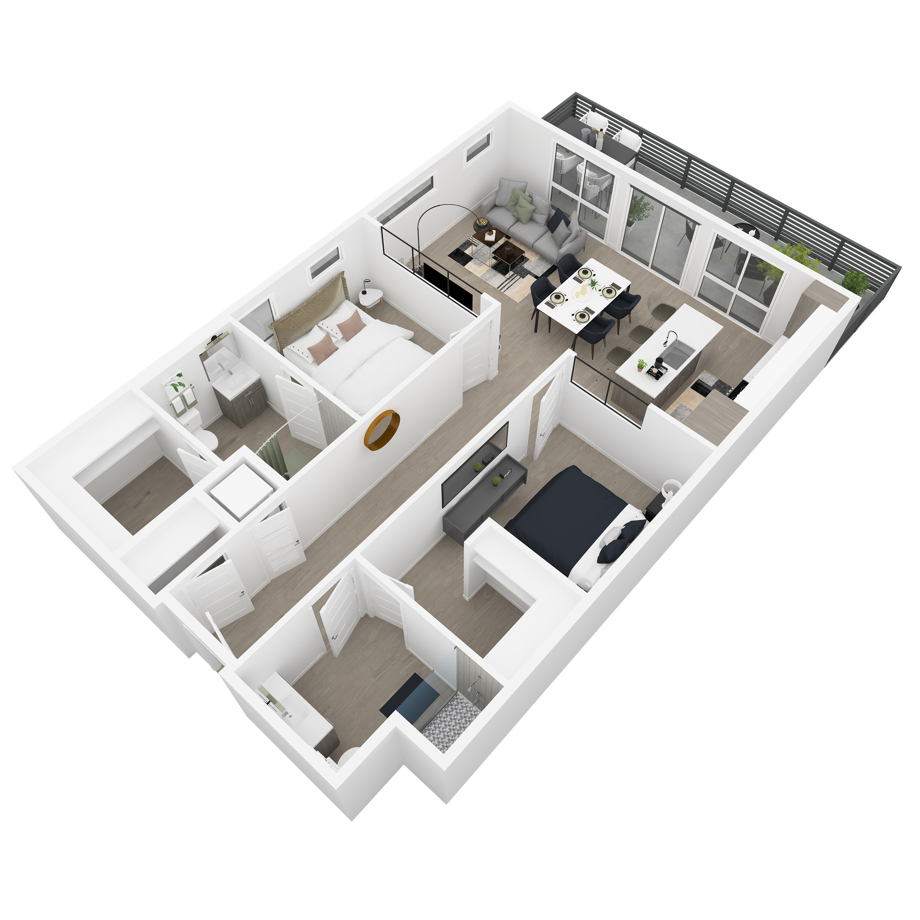3D front-left angled view of the James 2-bedroom apartment at Dixon Place in Sugar House, Salt Lake City