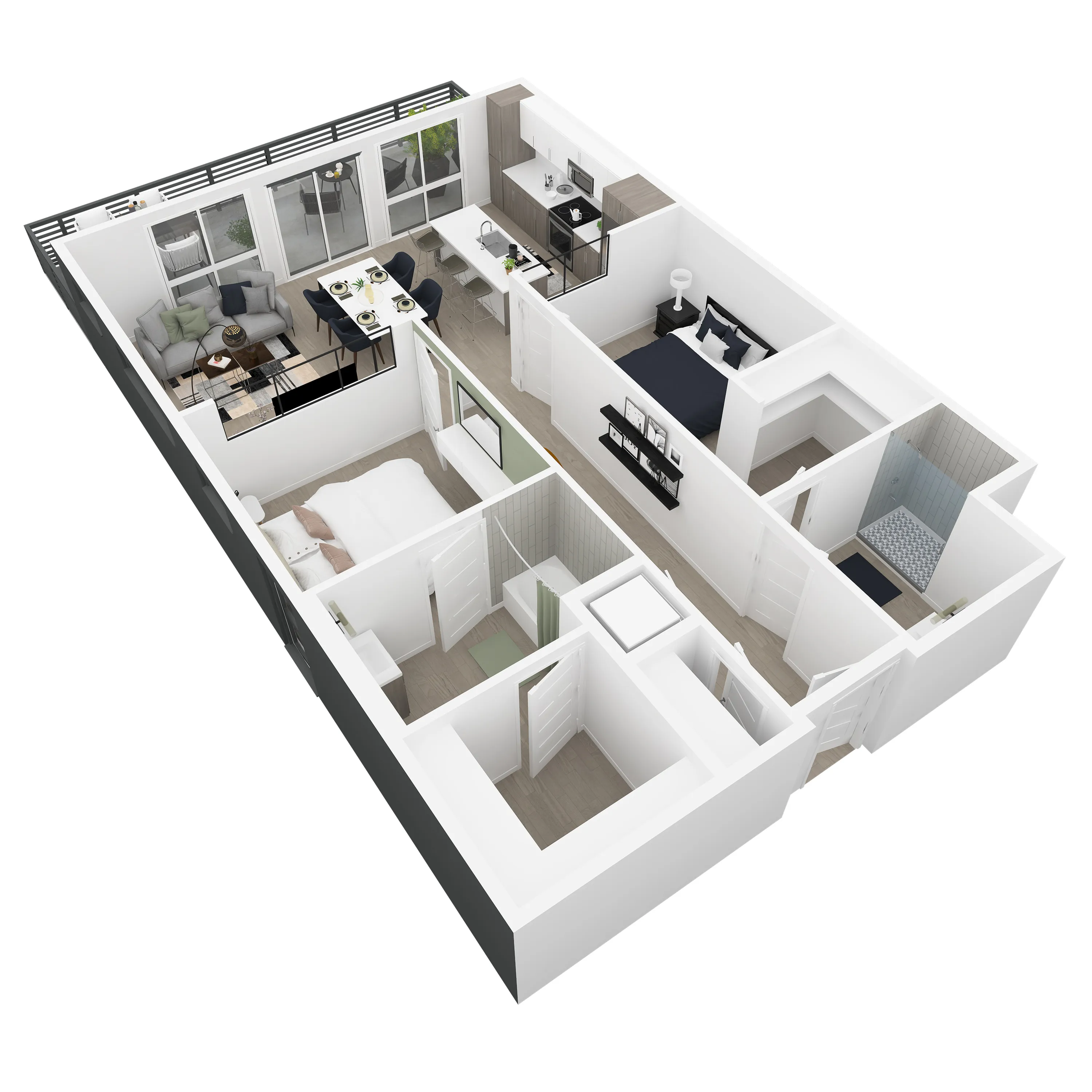 3D front-right angled view of the James 2-bedroom apartment at Dixon Place in Sugar House, Salt Lake City