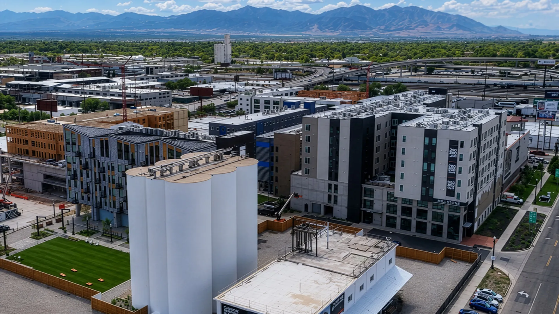 Aerial view of Silo Park near I-15 with Greenside, Millstone, and the Wasatch Mountains in Salt Lake City.