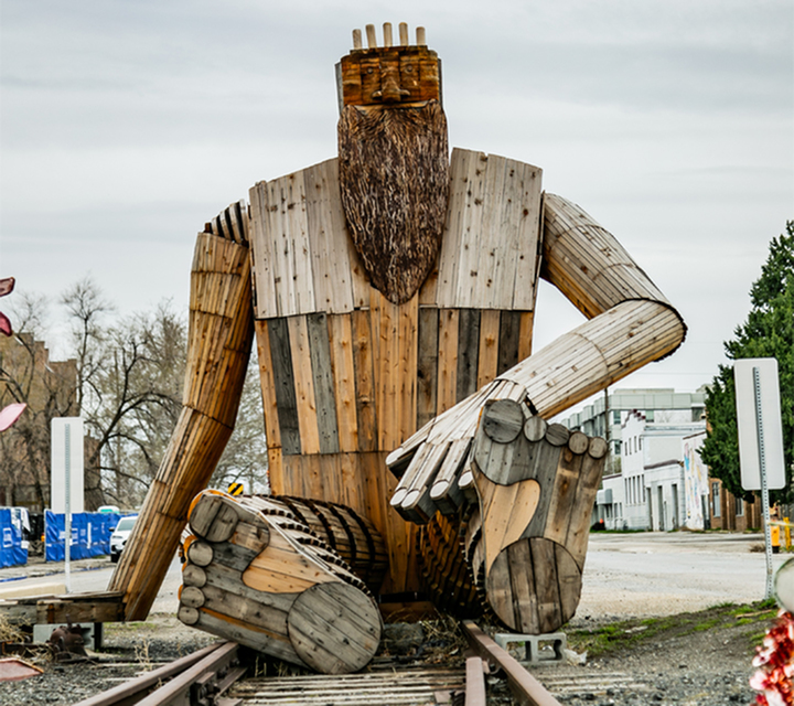 The Hoodah wooden sculpture near Bissinger & Co. in Salt Lake City's Granary District.