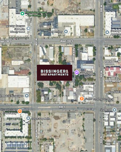 Map showing Bissinger & Co.'s location in Salt Lake City's Granary District near Fisher Brewing, Kilby Court, and The Foundry.