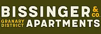 Bissinger & Co. Granary District Apartments logo with bold, modern typography on an olive green background.