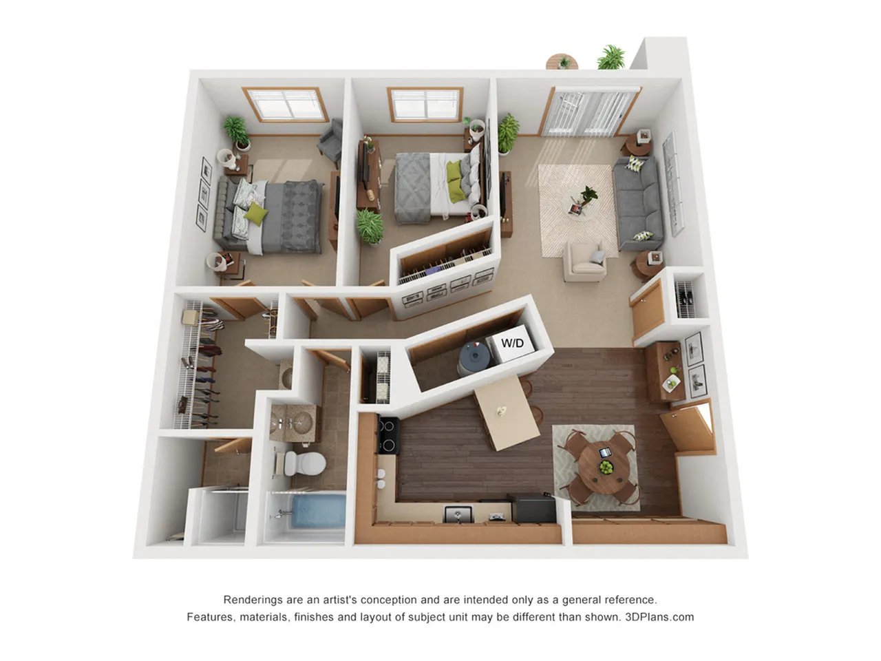 3D floor plan showcasing 2 bedrooms, a bright living room, and a modern kitchen.