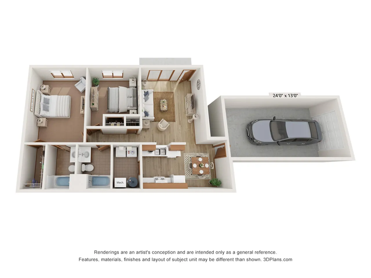 Chic 3D floor plan showcasing 2 bedrooms, open-concept living area with dining space, modern kitchen, and attached garage.
