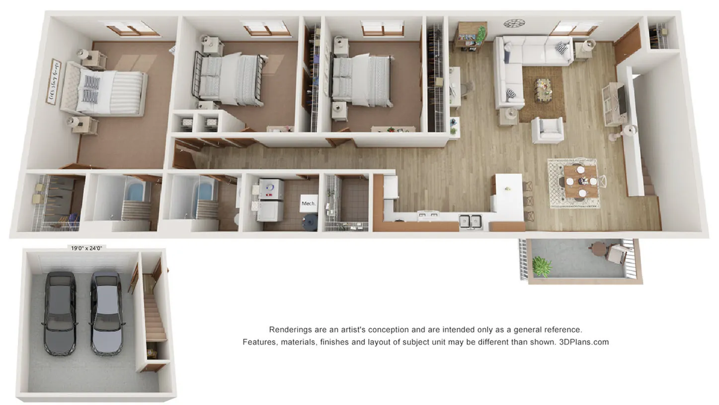 Modern 3D floor plan showcasing a spacious three-bedroom layout with a stylish open-concept living area, chic kitchen, dedicated laundry space, and a double-car garage. Perfect blend of comfort and functionality.
