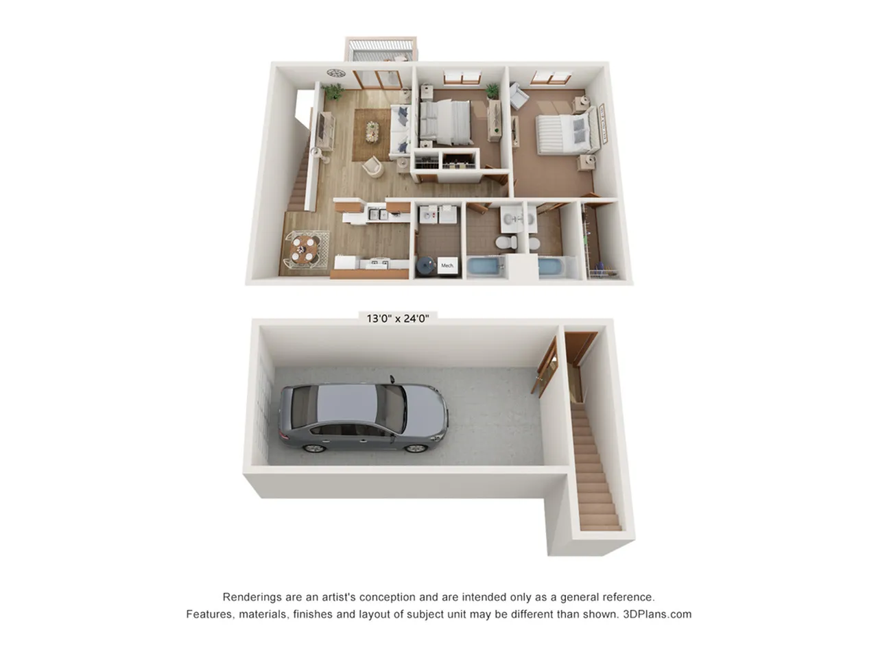 Charming 3D floor plan featuring an open living area, two bedrooms, modern kitchen, and private garage, ideal for cozy family living.