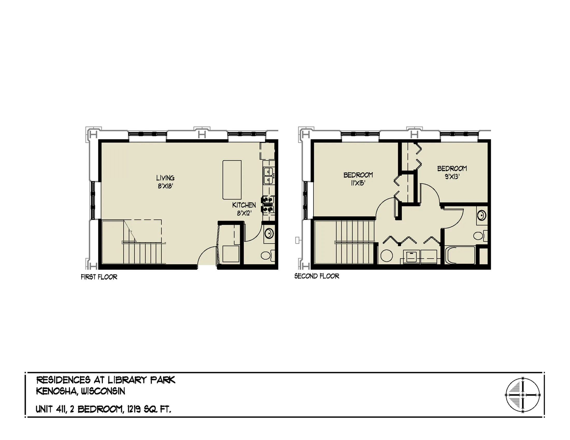 Contemporary floor plan of Residences at Library Park, Kenosha, featuring a 2-bedroom layout with a spacious living area and modern kitchen, across 1219 sq ft.