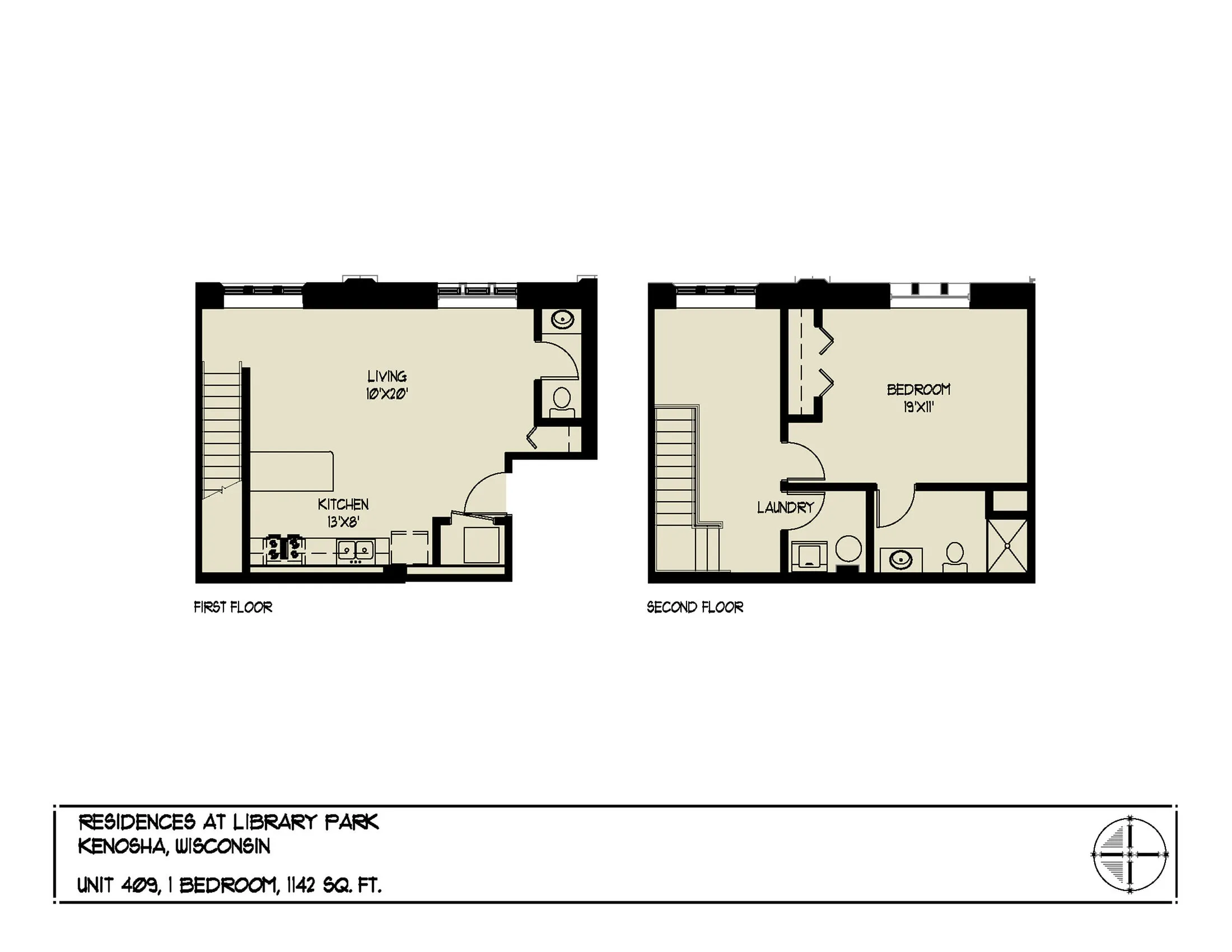 Inviting 2-level floor plan of Residences at Library Park in Kenosha, Wisconsin, showcasing a spacious 1-bedroom unit with modern kitchen, living area, laundry, and ample storage, 1142 sq ft.