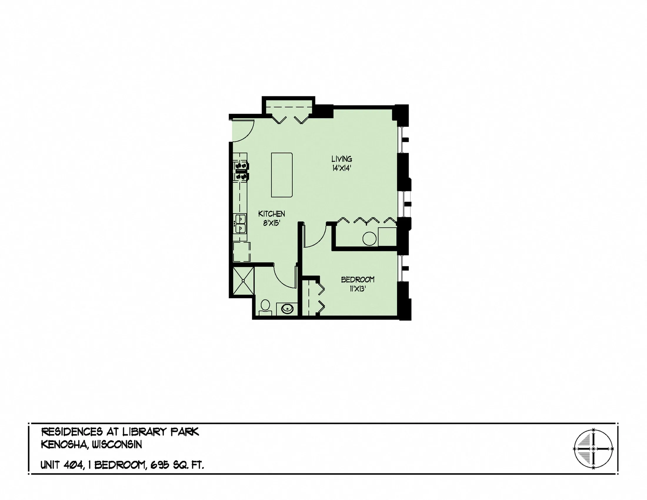 Charming 2D floor plan of Residences at Library Park in Kenosha, Wisconsin, featuring 1 bedroom, a spacious living area, and modern kitchen in a cozy 635 sq ft layout.