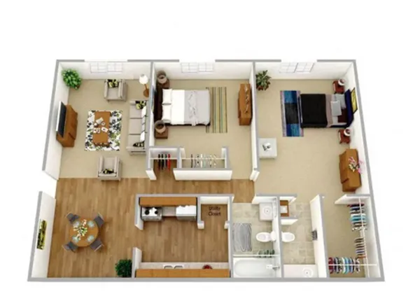 Inviting floor plan showcasing two spacious bedrooms, a cozy living room, a modern kitchen, and two bathrooms with ample storage.