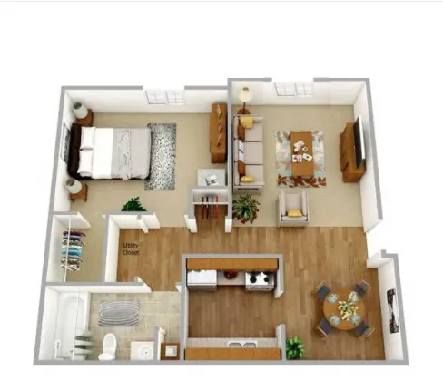 Charming 3D floor plan featuring a cozy bedroom, elegant living room, modern kitchen, and stylish dining area, ideal for contemporary living.