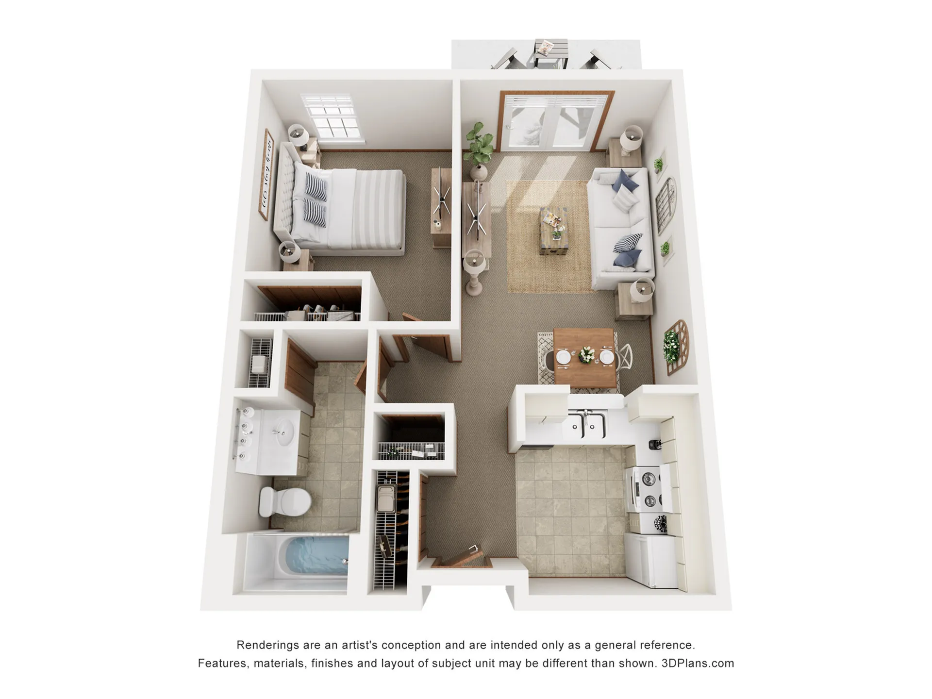 Contemporary 3D floor plan featuring a one-bedroom apartment with an open living area and a modern kitchen.