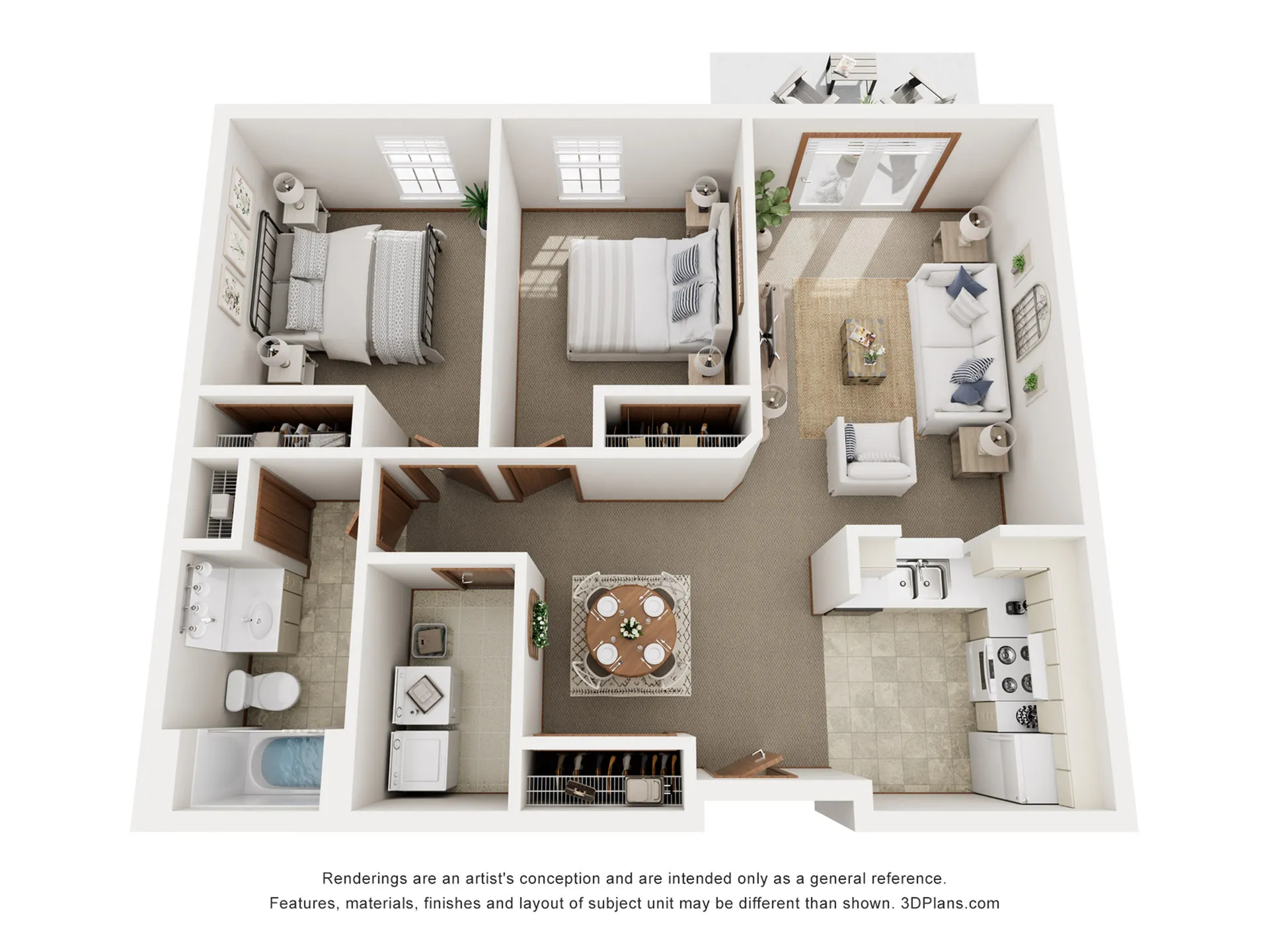 Elegant 3D floor plan showcasing 2 bedrooms, a stylish living room, and a modern kitchen with a dining area.