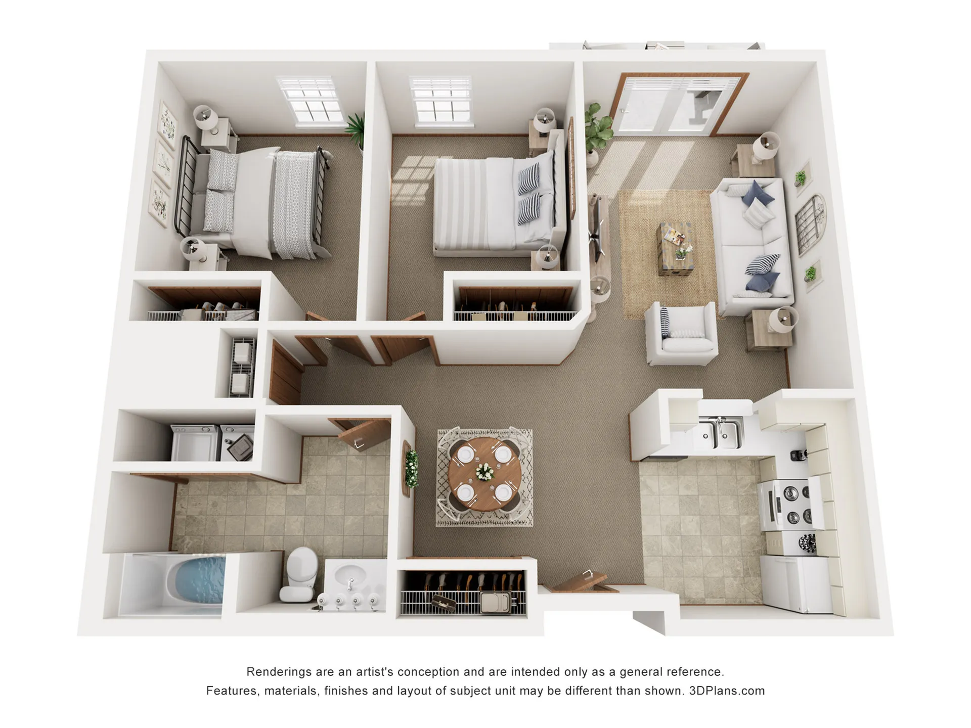 Intricate floor plan featuring two bedrooms, open living area, and modern kitchen.