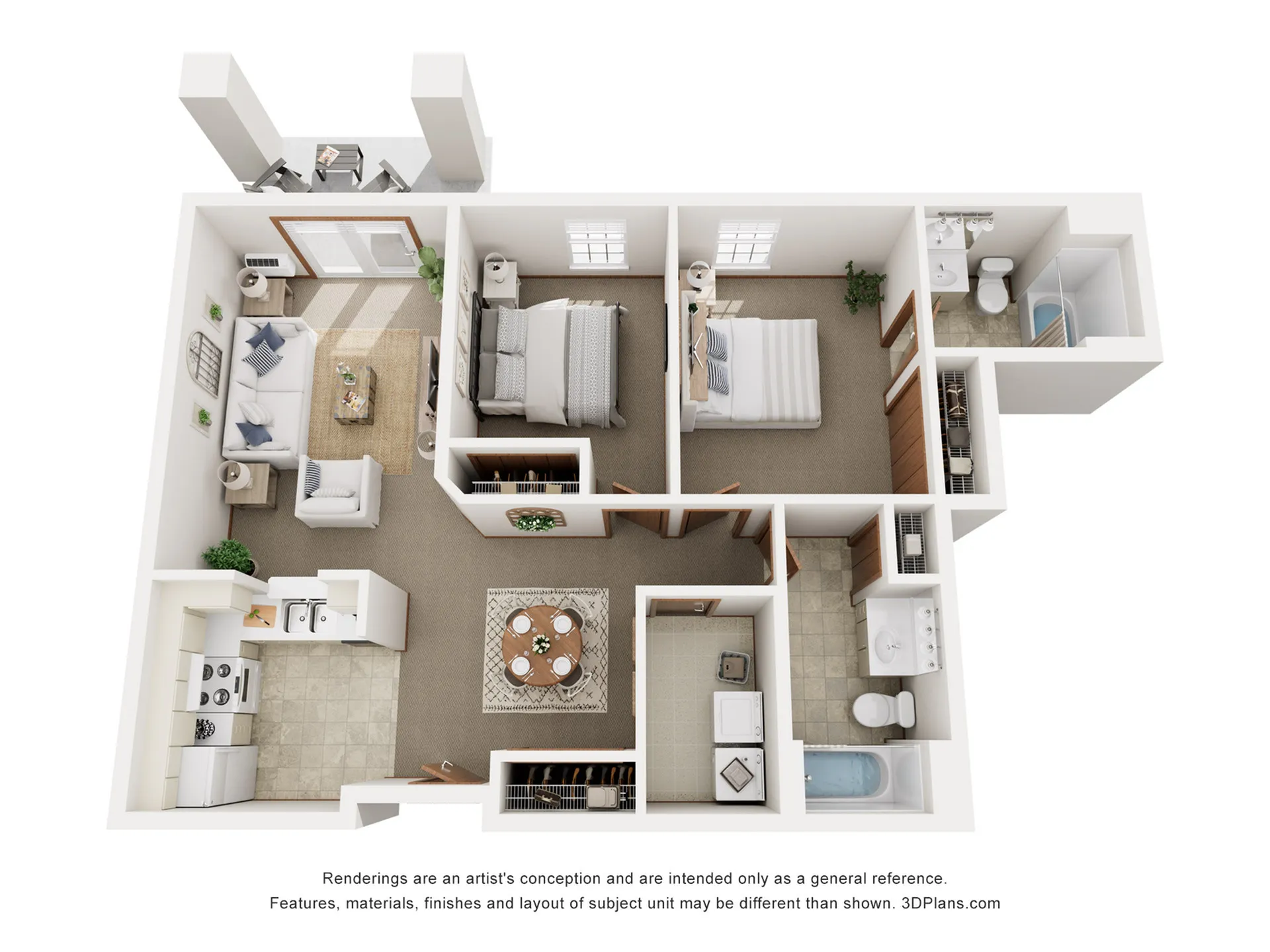 3D floor plan showcasing a stylish two-bedroom apartment with an open living space, modern kitchen, and two bathrooms.